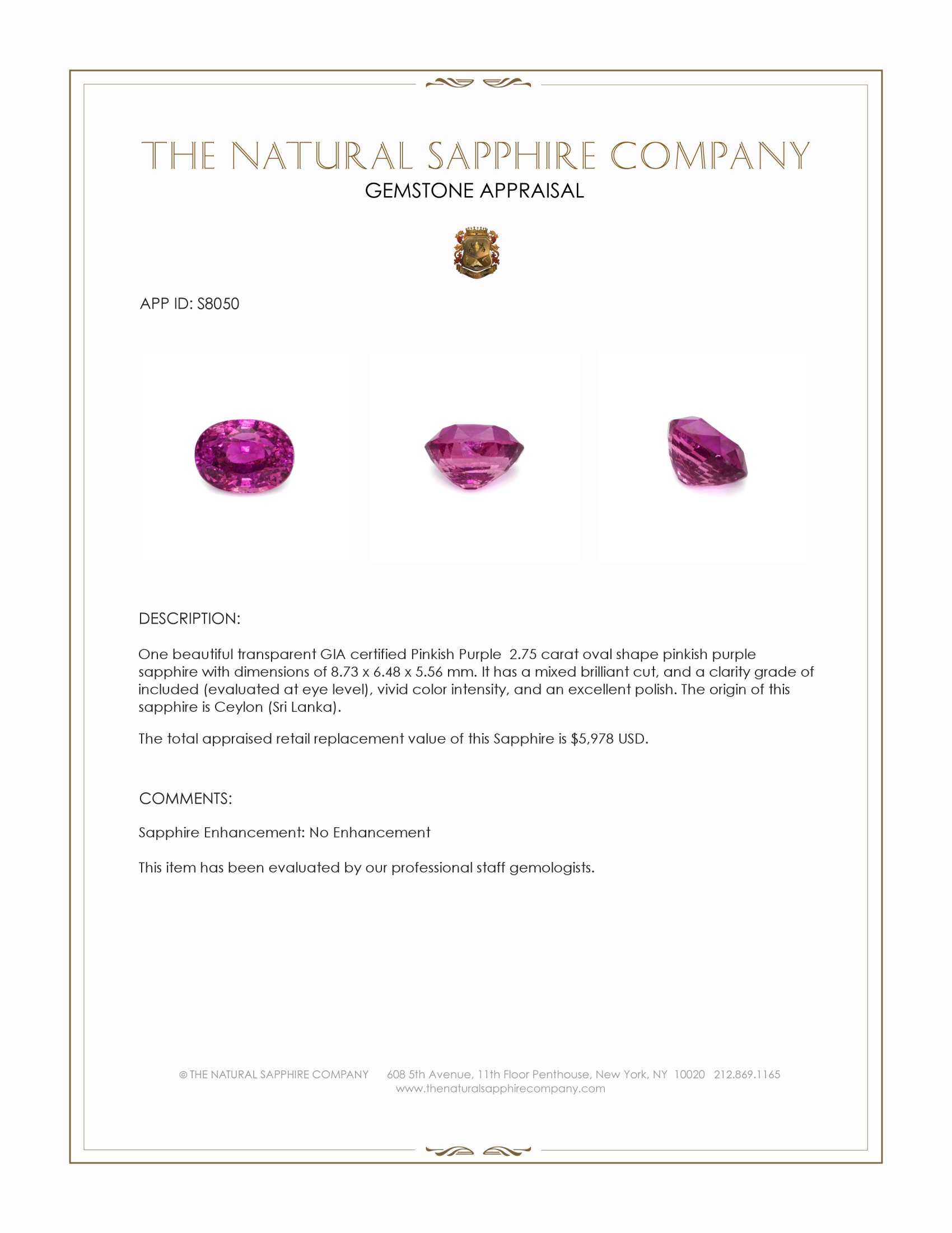 2.75 Ct. Pinkish Purple Sapphire from Ceylon (Sri Lanka)