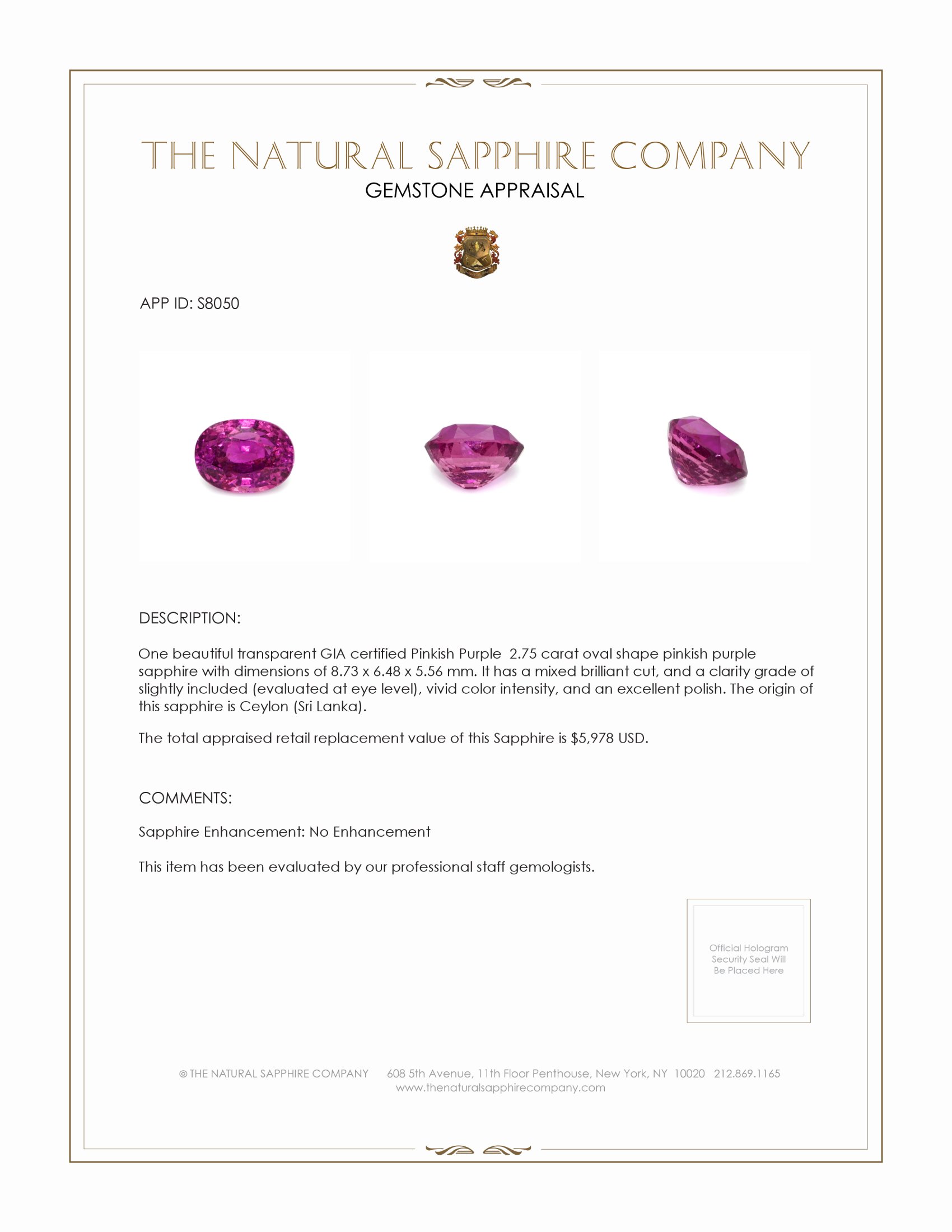 2.75 Ct. Pinkish Purple Sapphire from Ceylon (Sri Lanka)