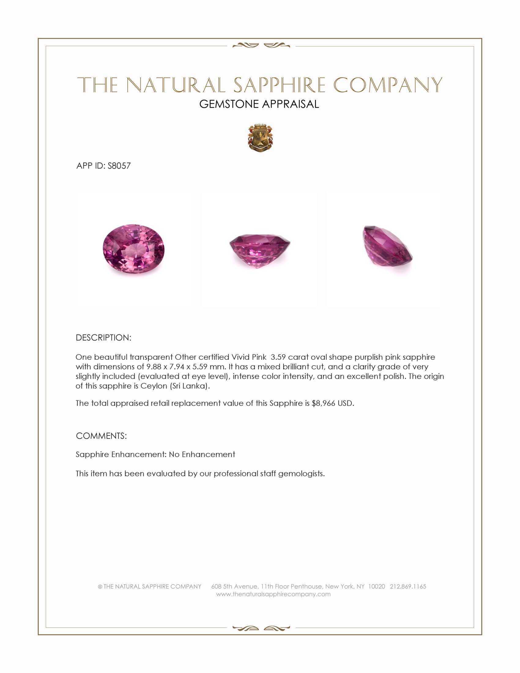 3.59 Ct. Purplish Pink Sapphire from Ceylon (Sri Lanka)