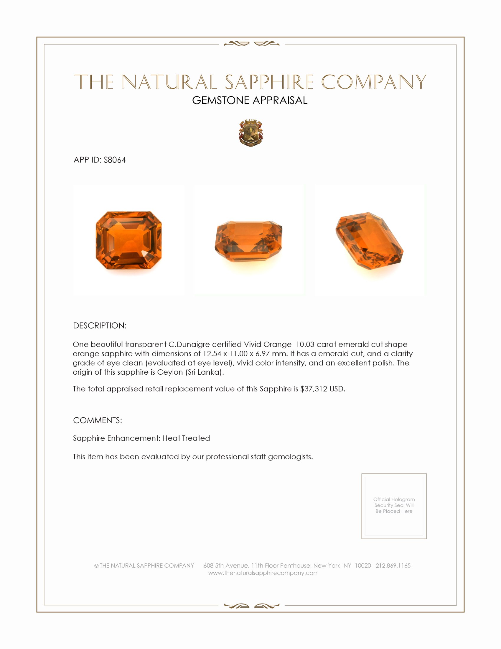 10.03 Ct. Orange Sapphire from Ceylon (Sri Lanka)