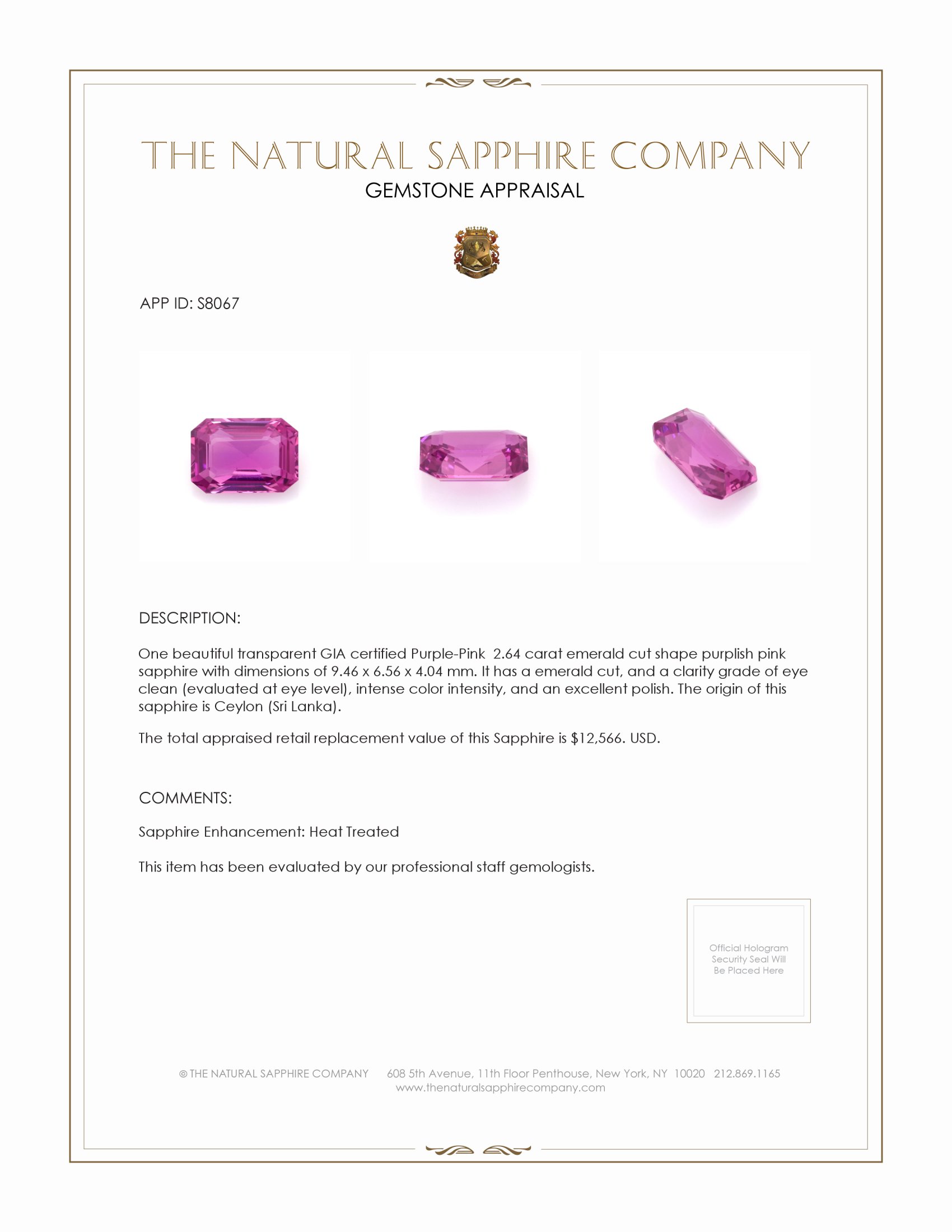 2.64 Ct. Purplish Pink Sapphire from Ceylon (Sri Lanka)