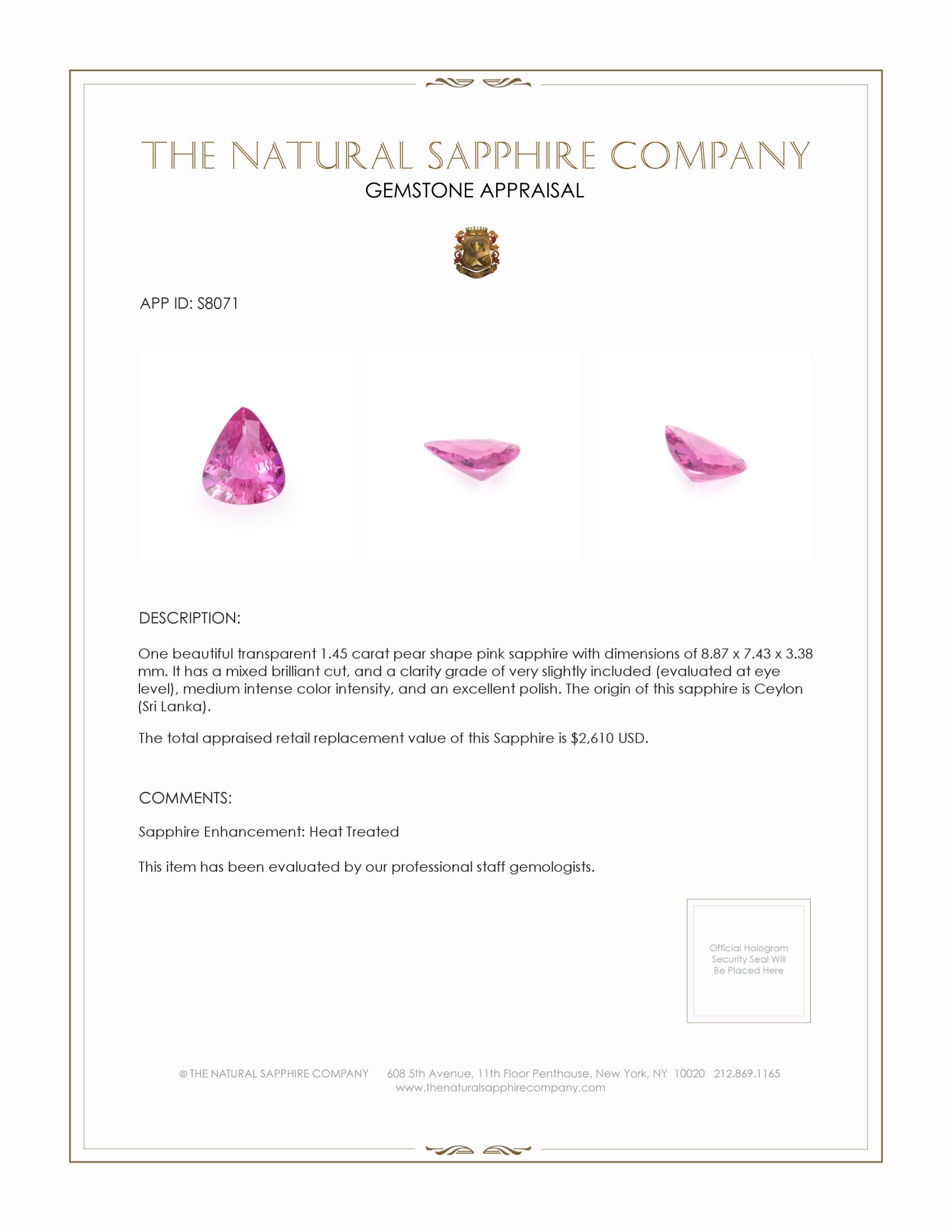 1.45 Ct. Pink Sapphire from Ceylon (Sri Lanka)
