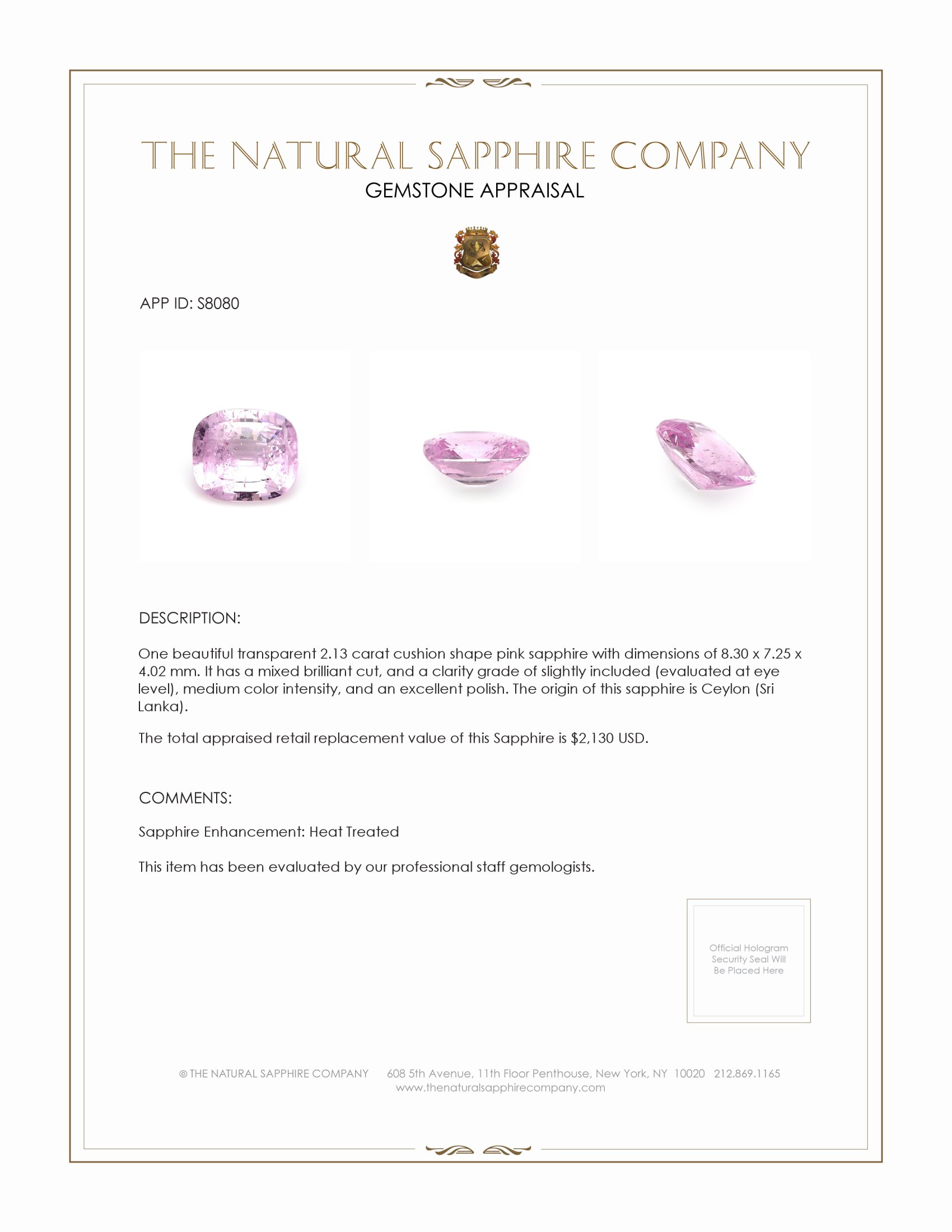 2.13 Ct. Pink Sapphire from Ceylon (Sri Lanka)