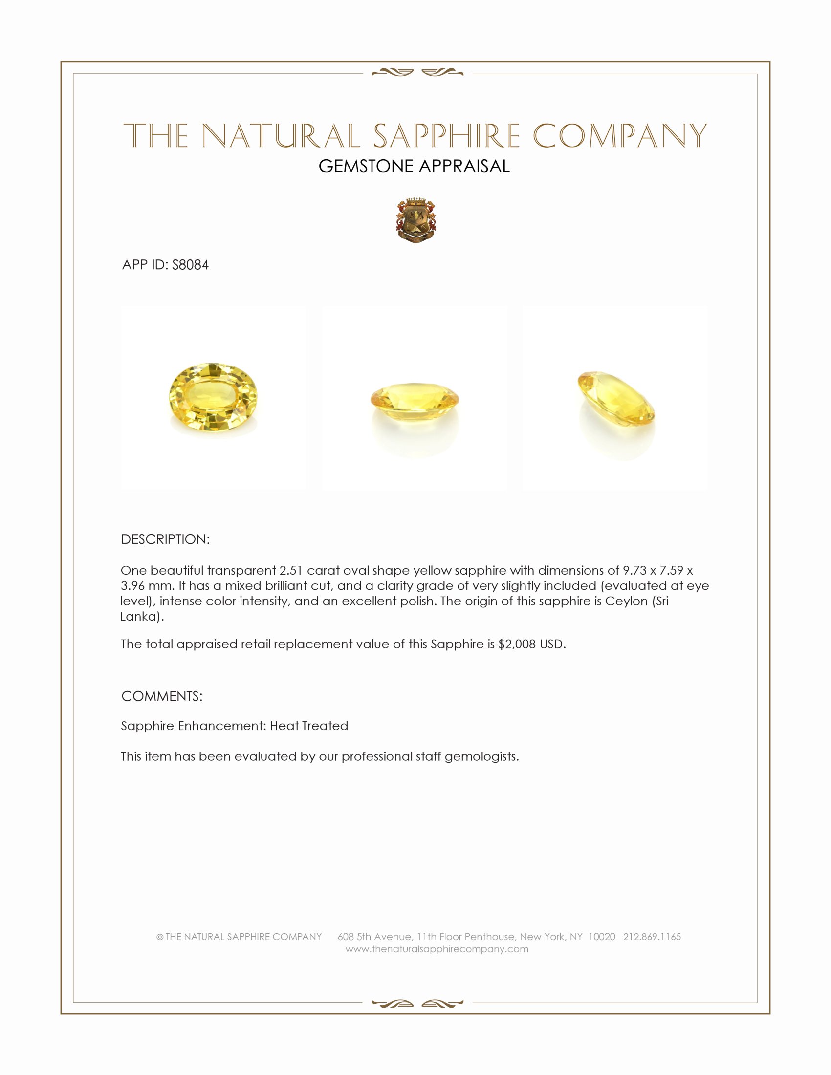 2.51 Ct. Yellow Sapphire from Ceylon (Sri Lanka)