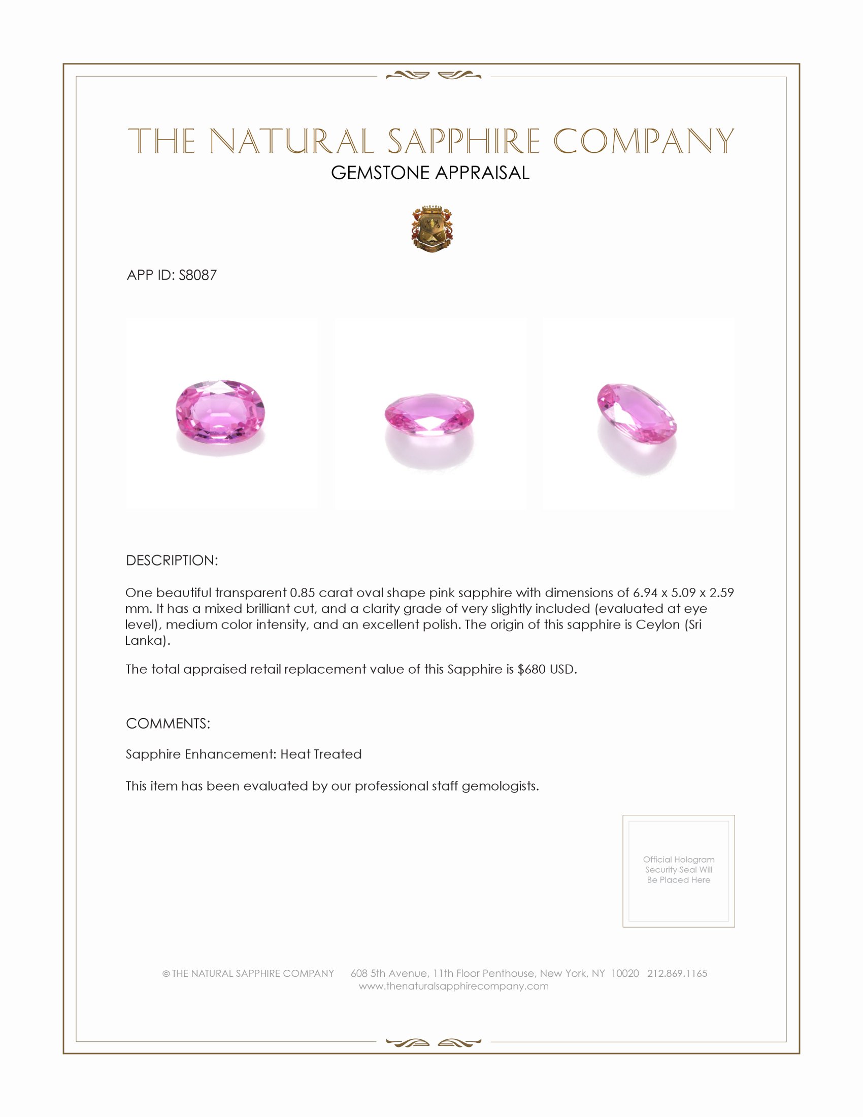 0.85 Ct. Pink Sapphire from Ceylon (Sri Lanka)