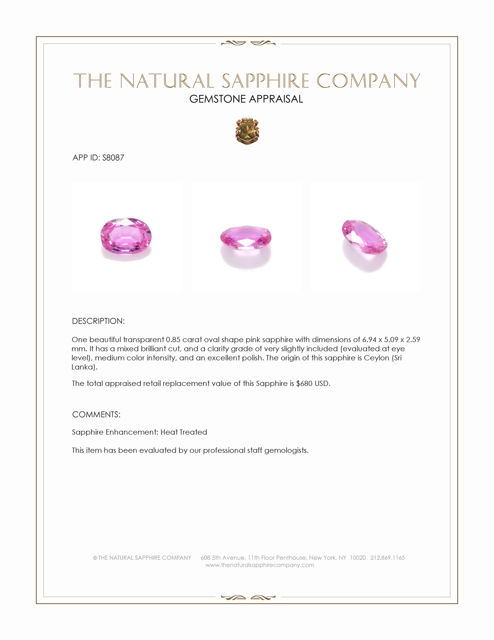 0.85 Ct. Pink Sapphire from Ceylon (Sri Lanka)