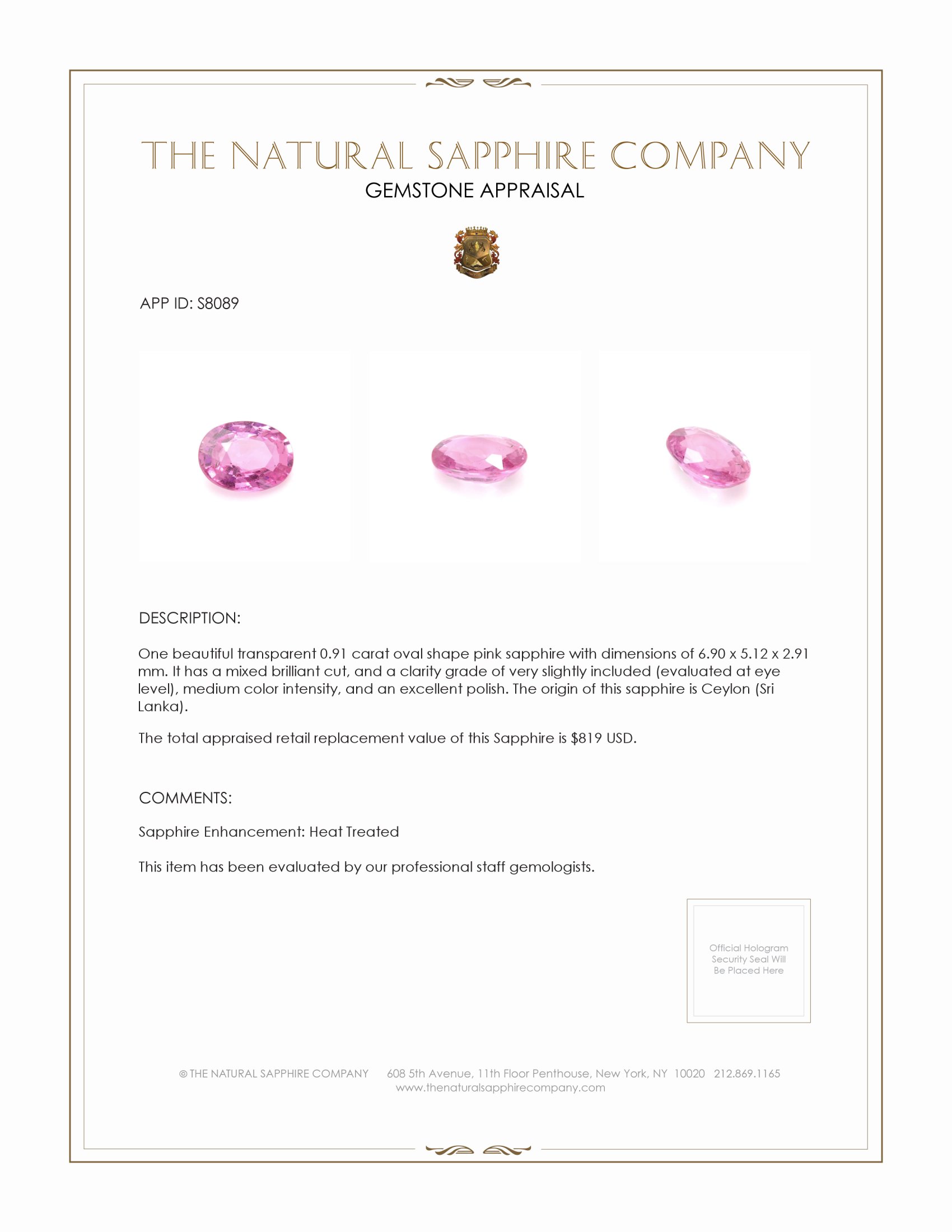 0.91 Ct. Pink Sapphire from Ceylon (Sri Lanka)
