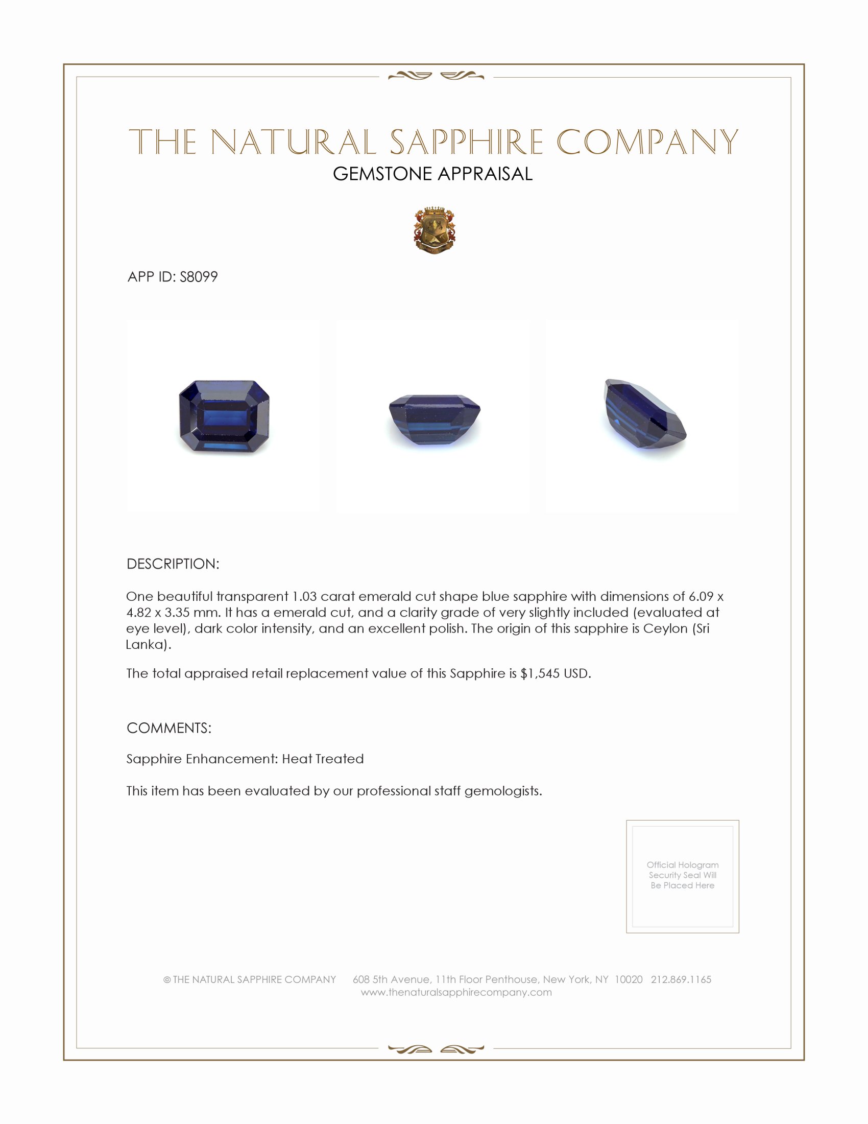 1.03 Ct. Blue Sapphire from Ceylon (Sri Lanka)