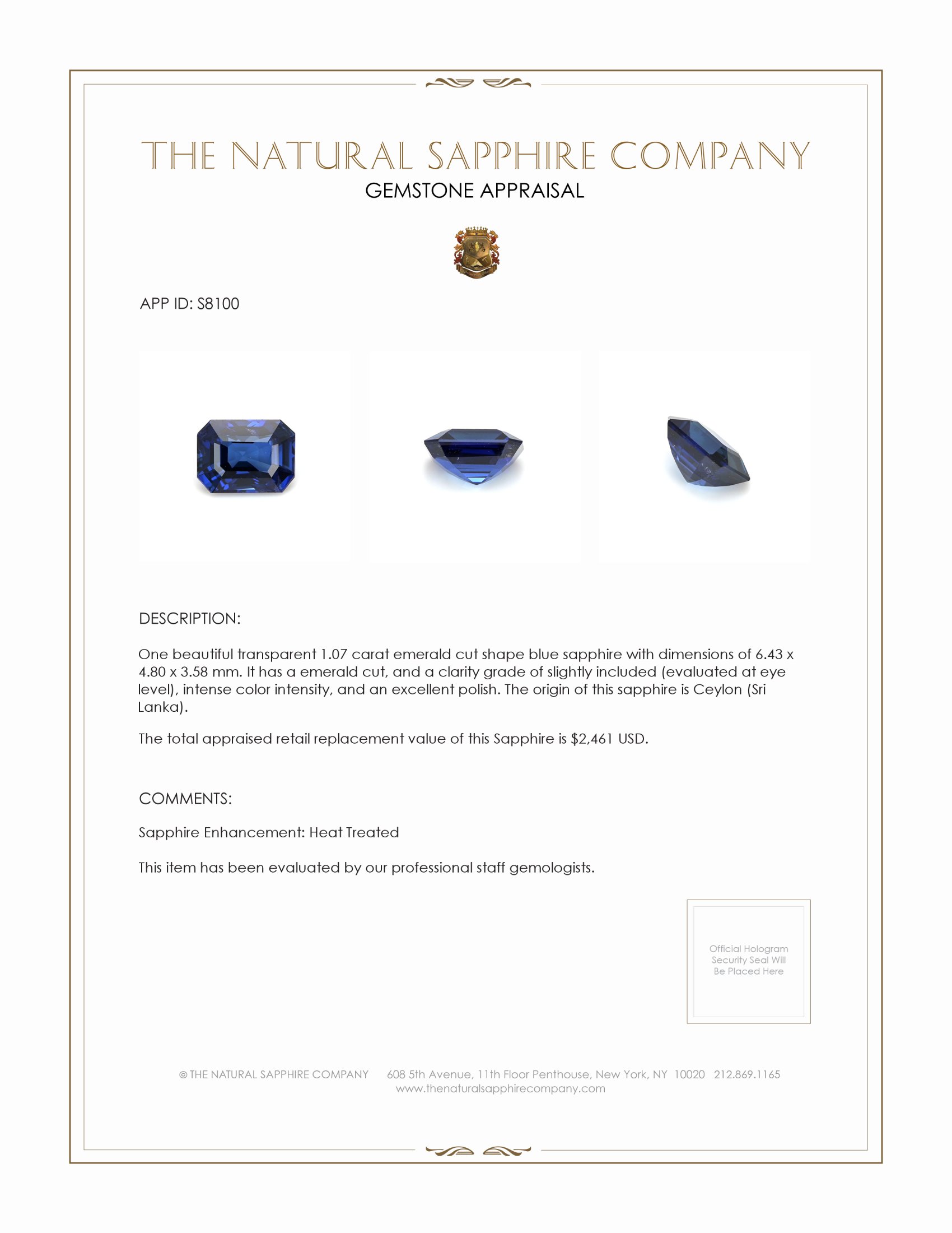 1.07 Ct. Blue Sapphire from Ceylon (Sri Lanka)