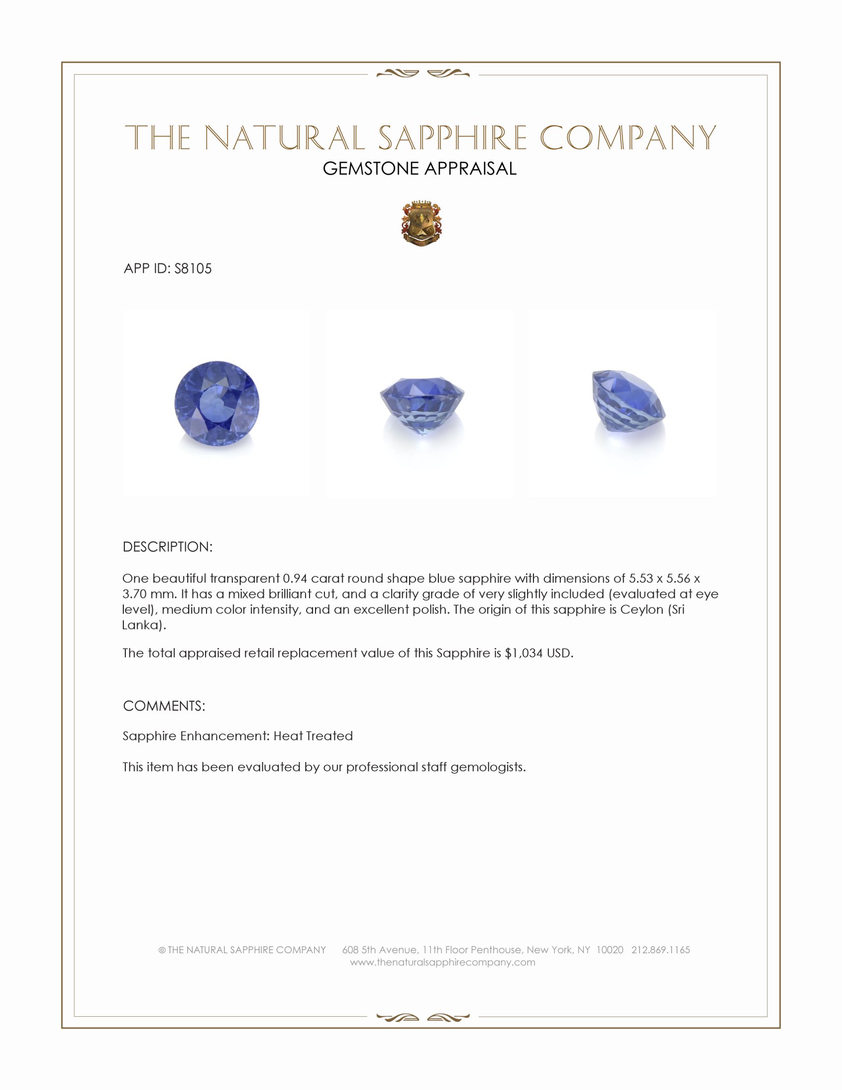 0.94 Ct. Blue Sapphire from Ceylon (Sri Lanka)