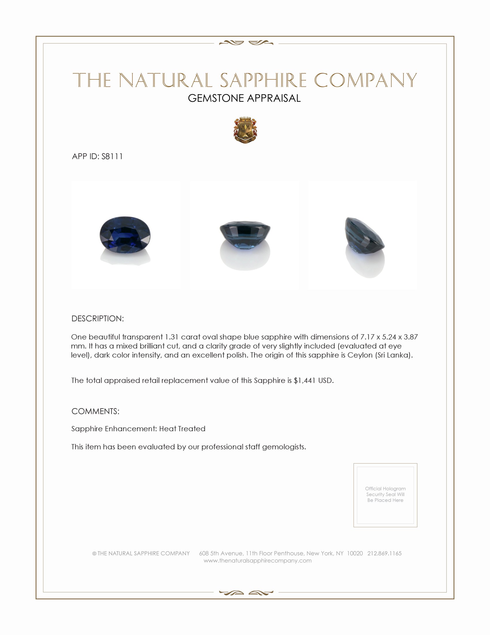 1.31 Ct. Blue Sapphire from Ceylon (Sri Lanka)