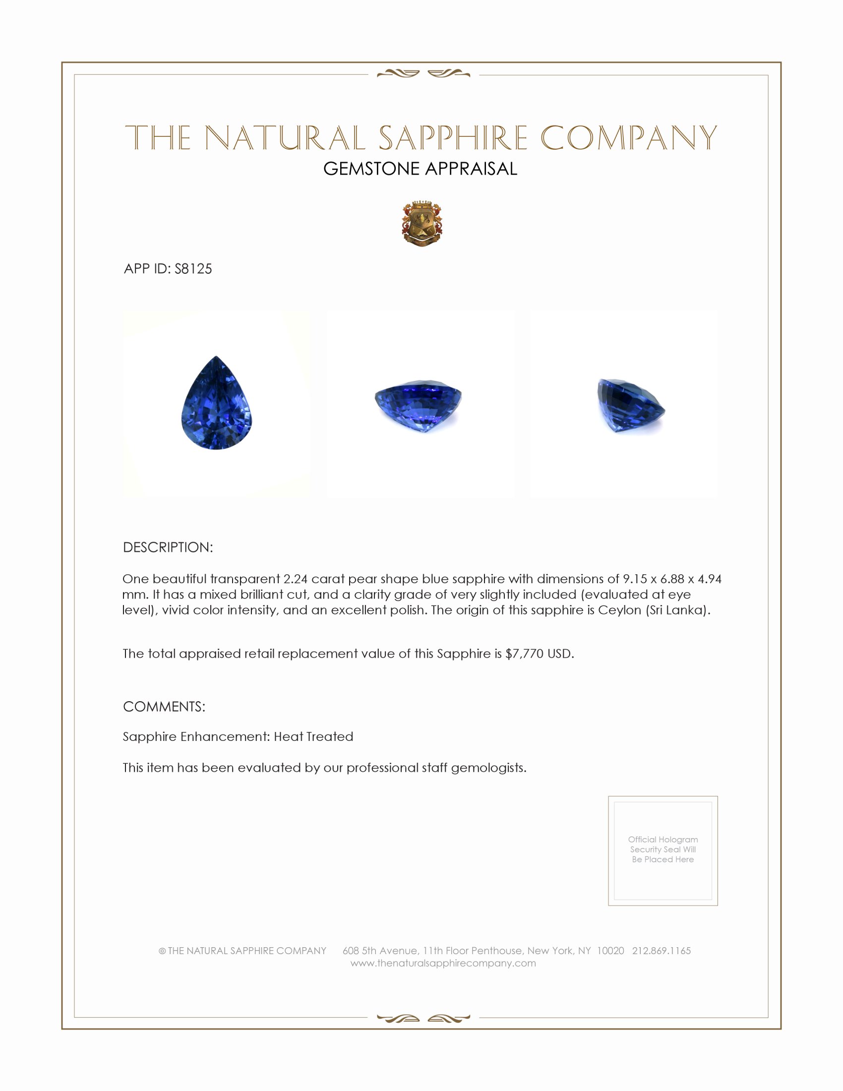2.24 Ct. Blue Sapphire from Ceylon (Sri Lanka)