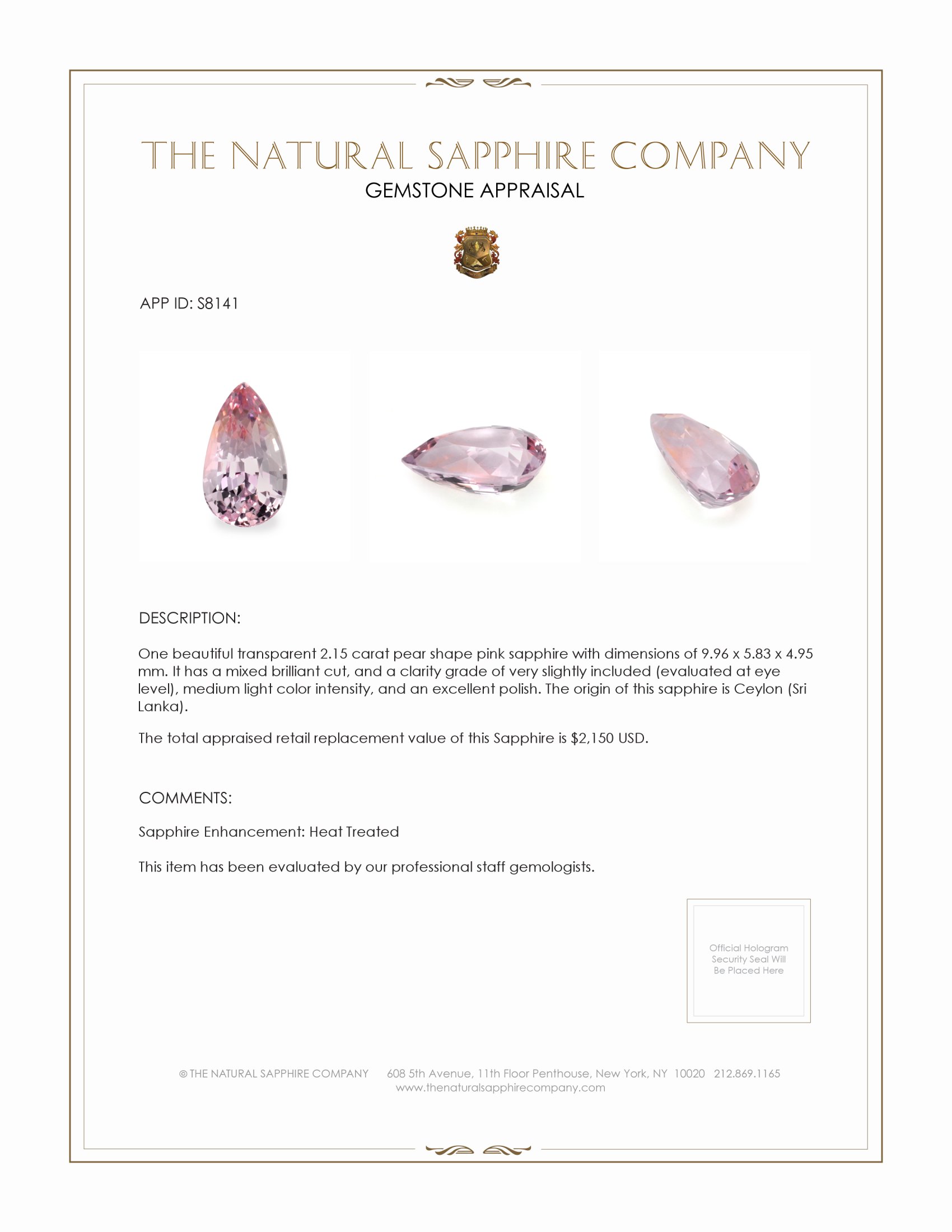 2.15 Ct. Pink Sapphire from Ceylon (Sri Lanka)