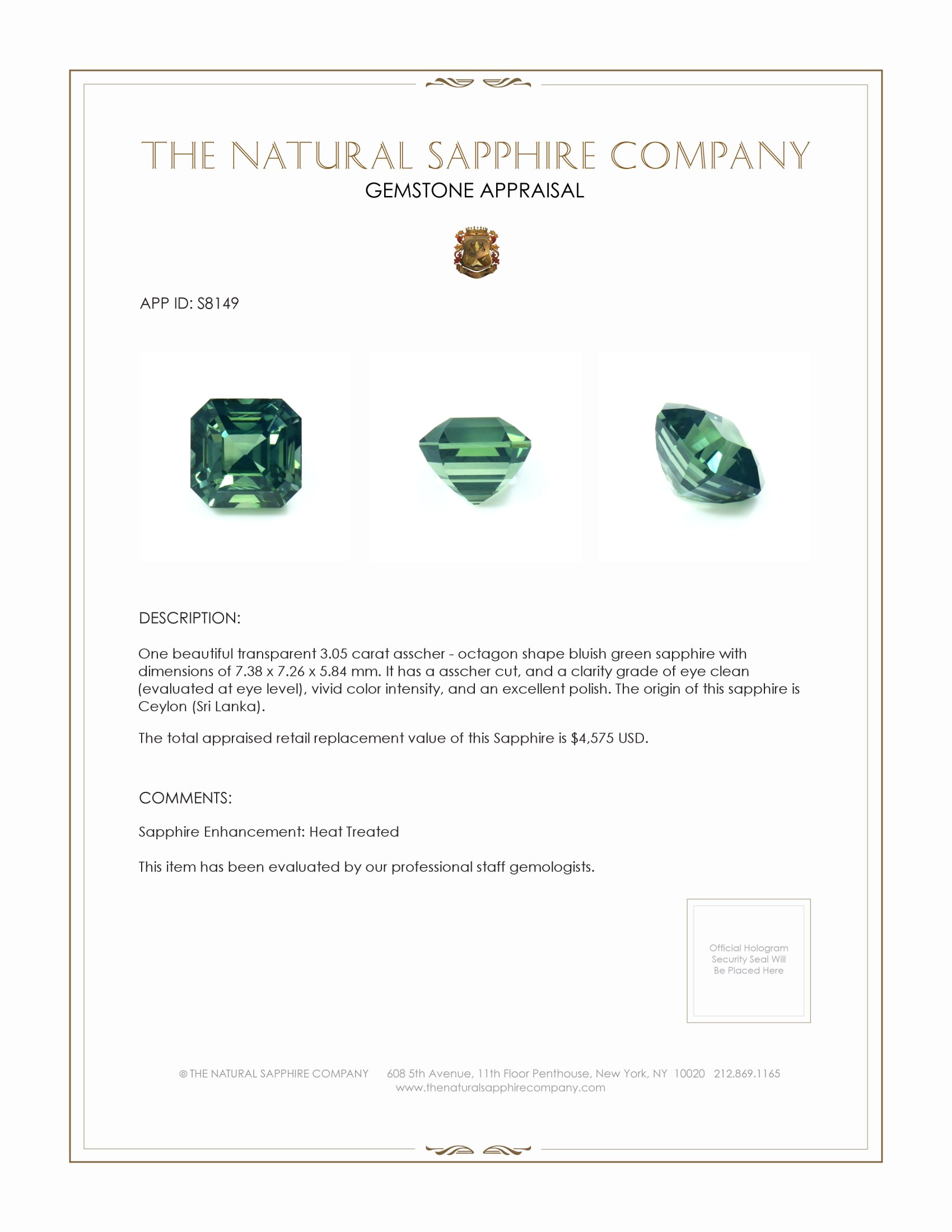 3.05 Ct. Bluish Green Sapphire from Ceylon (Sri Lanka)
