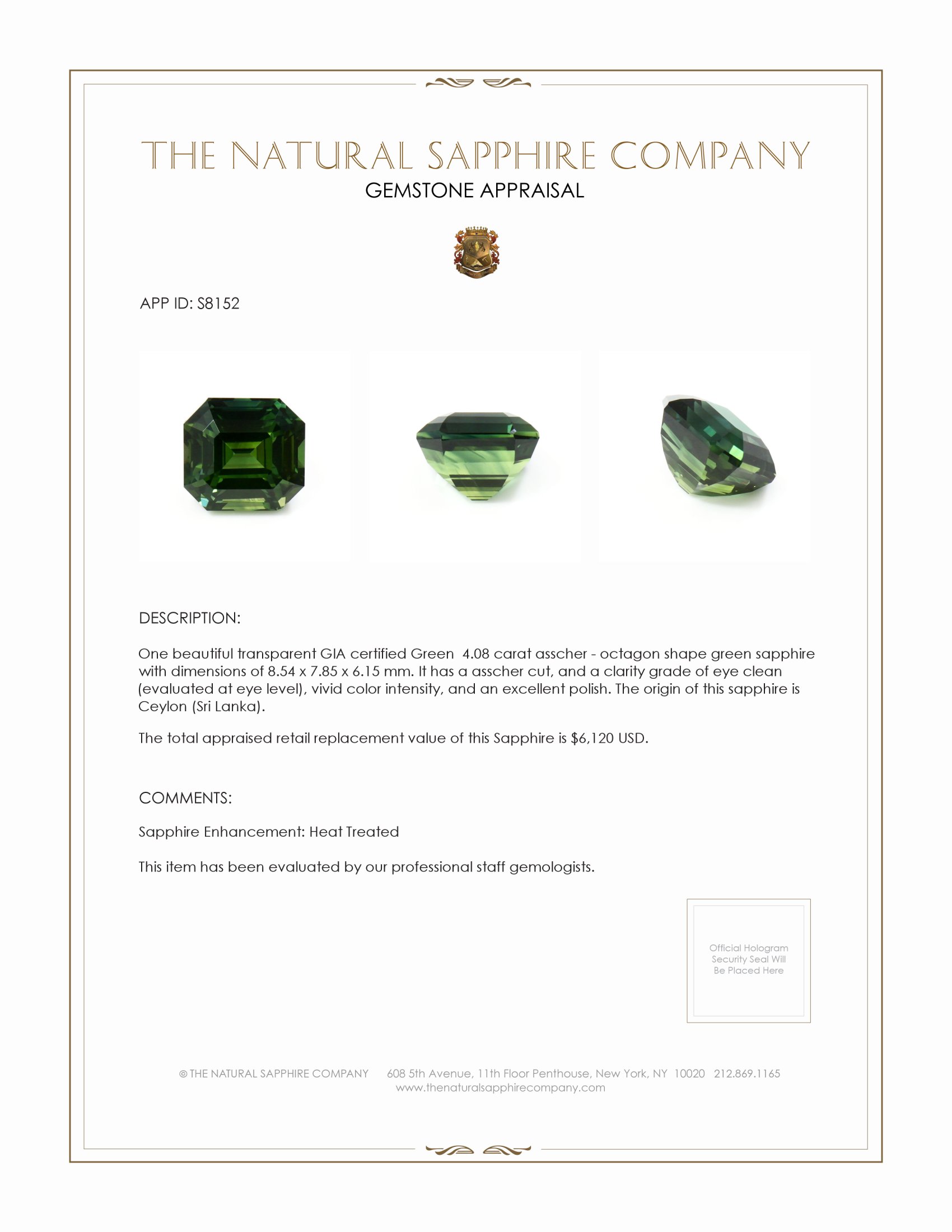 4.08 Ct. Green Sapphire from Ceylon (Sri Lanka)