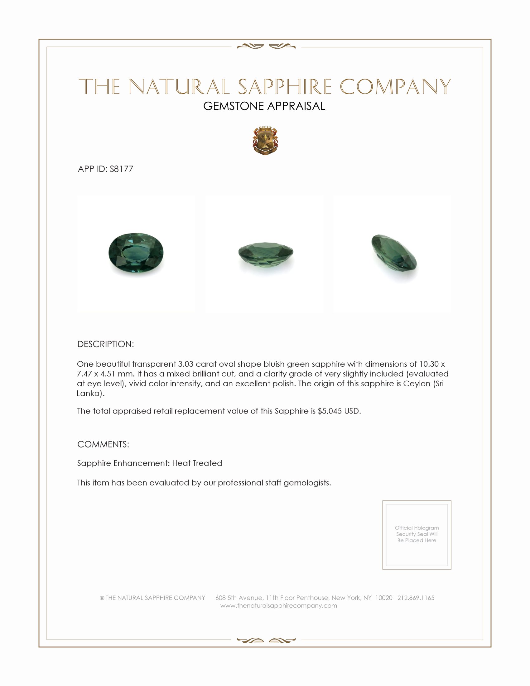 3.03 Ct. Bluish Green Sapphire from Ceylon (Sri Lanka)