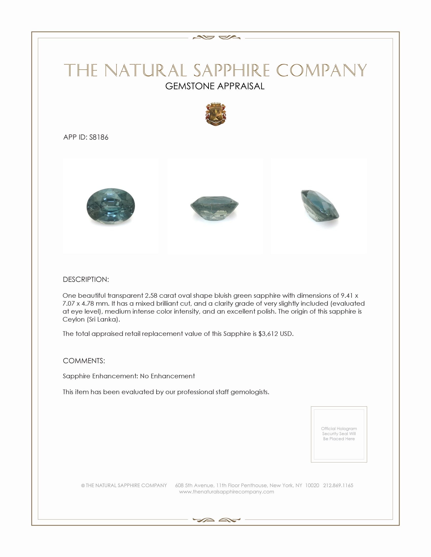 2.58 Ct. Bluish Green Sapphire from Ceylon (Sri Lanka)