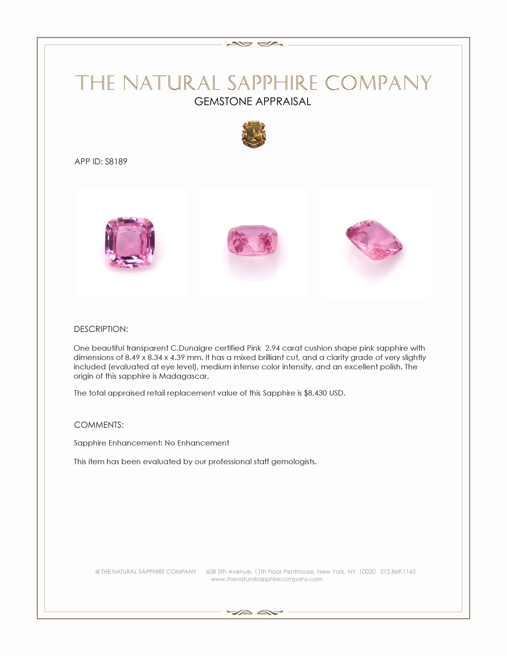 2.94 Ct. Pink Sapphire from Madagascar