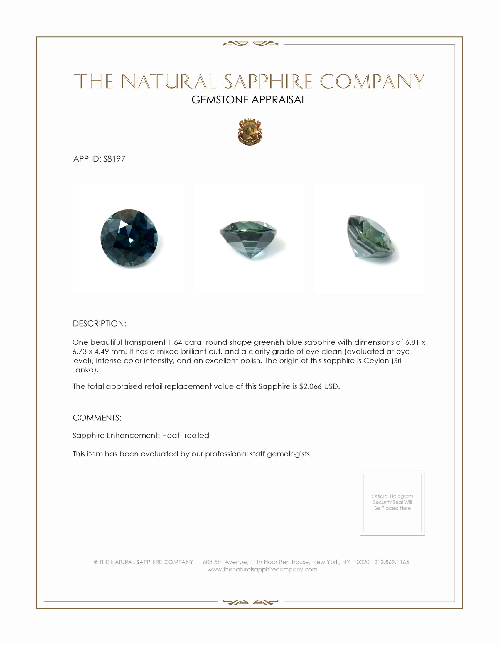 1.64 Ct. Greenish Blue Sapphire from Ceylon (Sri Lanka)