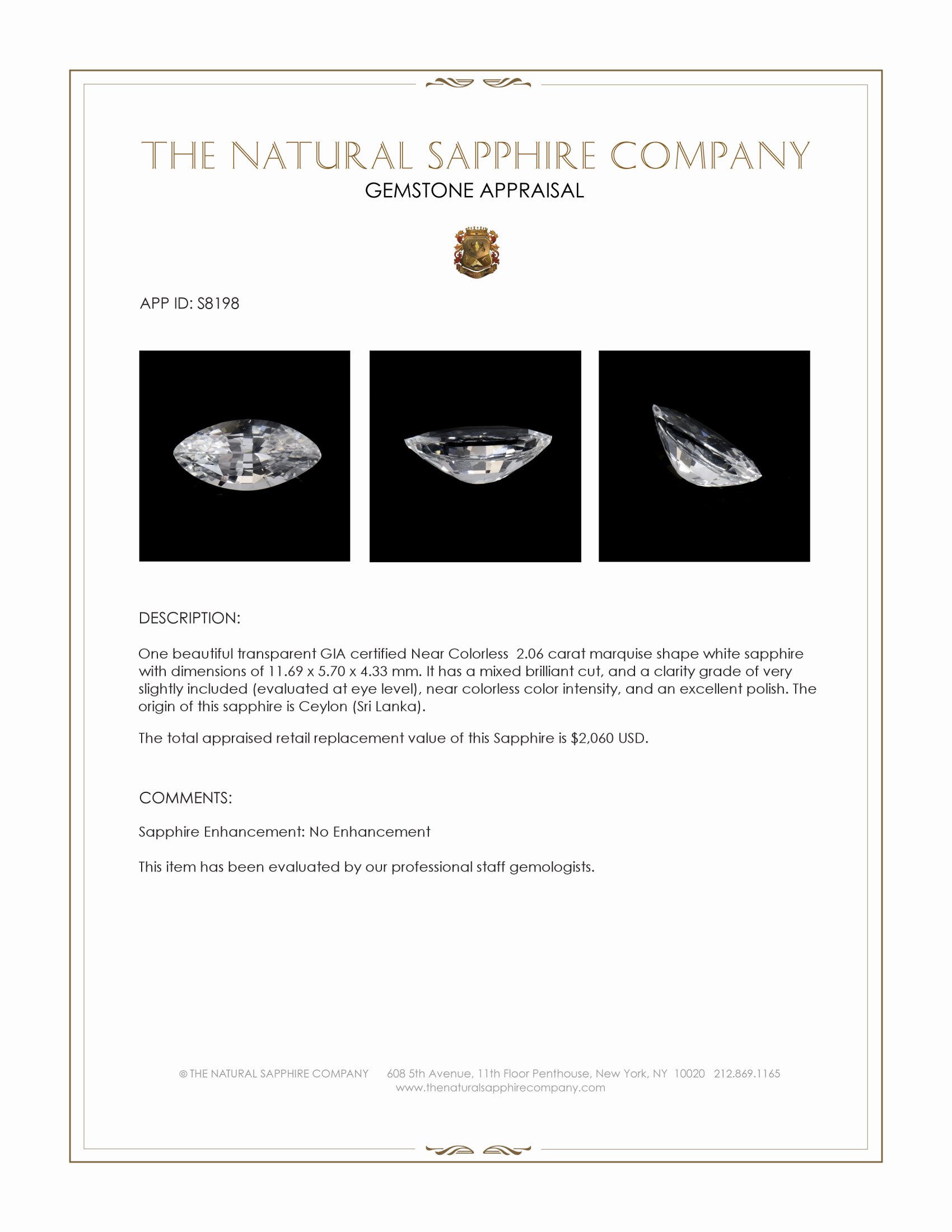 2.06 Ct. White Sapphire from Ceylon (Sri Lanka)