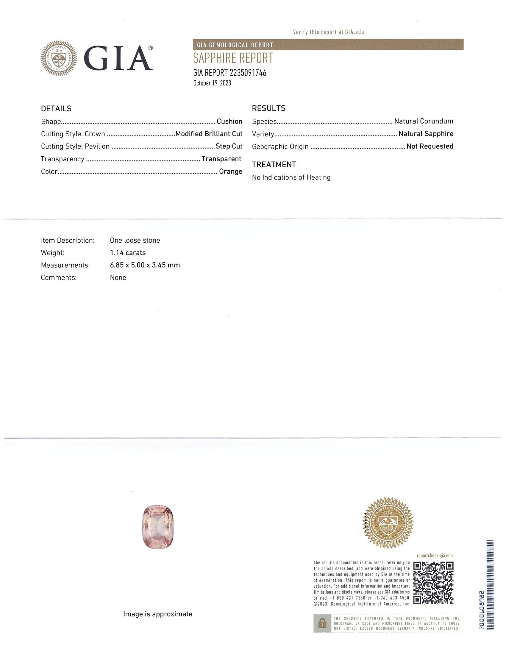 1.13 Ct. Orange Sapphire from Ceylon (Sri Lanka)