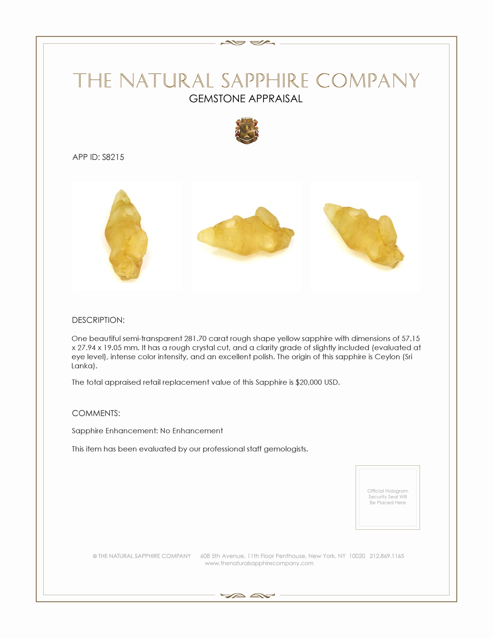 281.70 Ct. Yellow Rough Sapphire from Ceylon (Sri Lanka)