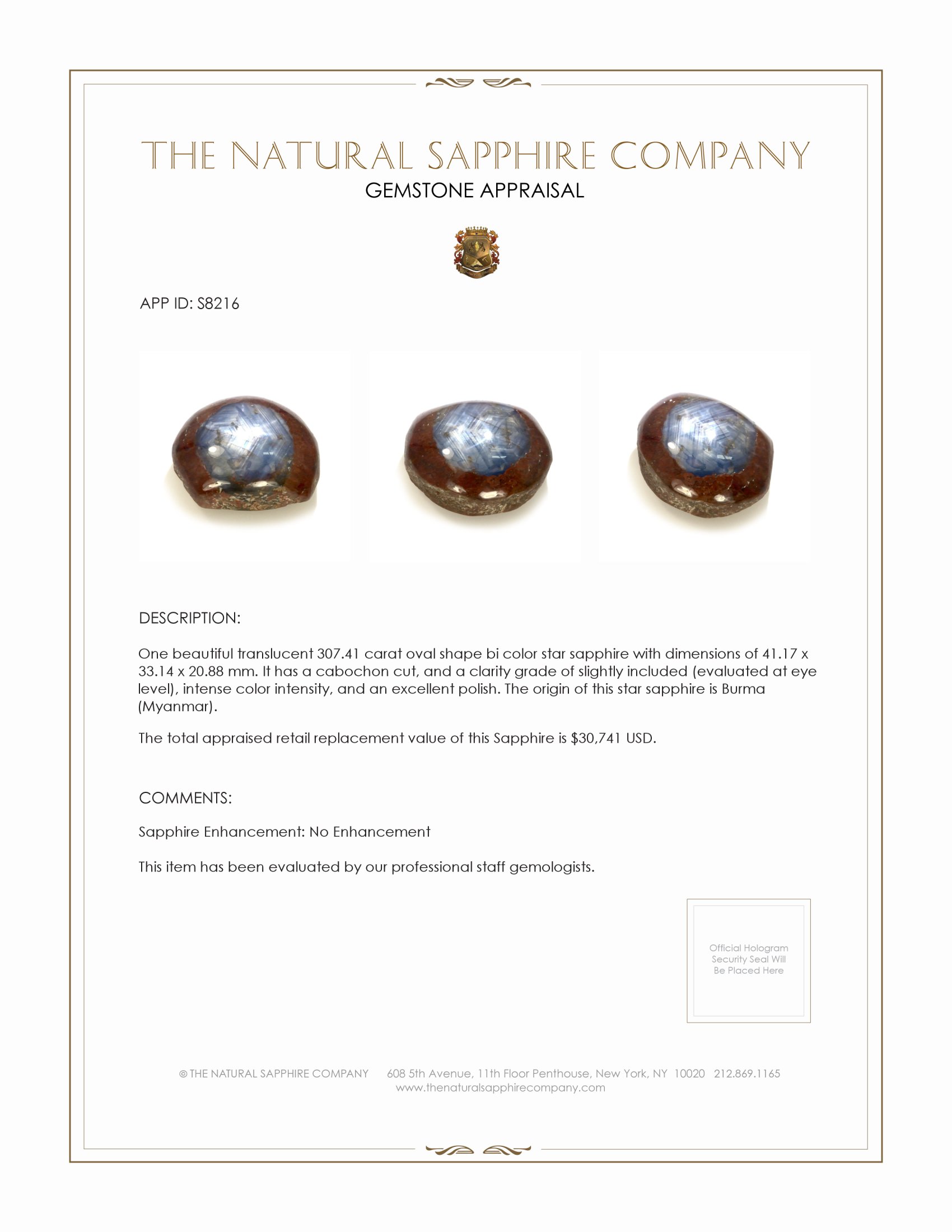 307.41 Ct. Bi Color Star Sapphire from Burma (Myanmar)