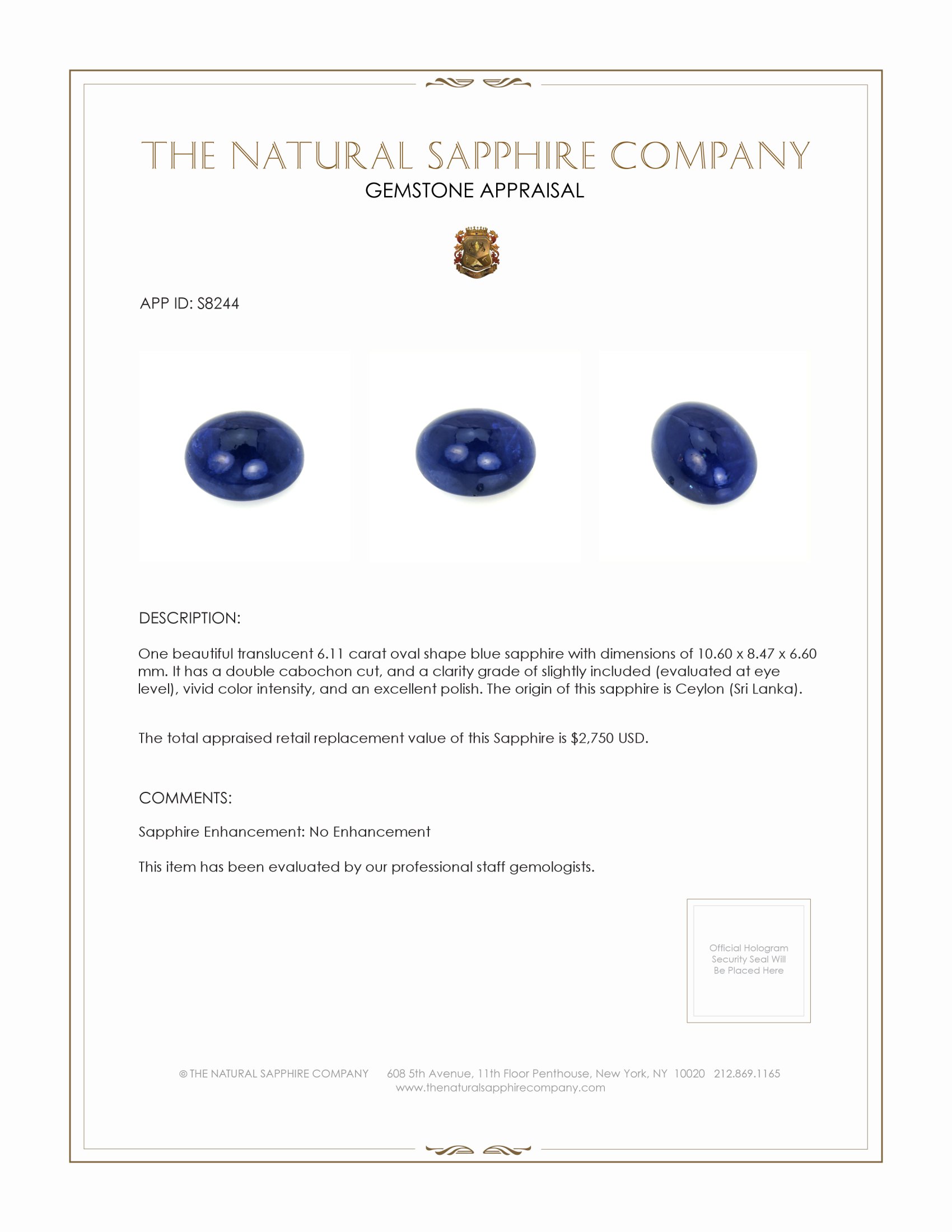 6.11 Ct. Blue Cabochon Sapphire from Ceylon (Sri Lanka)