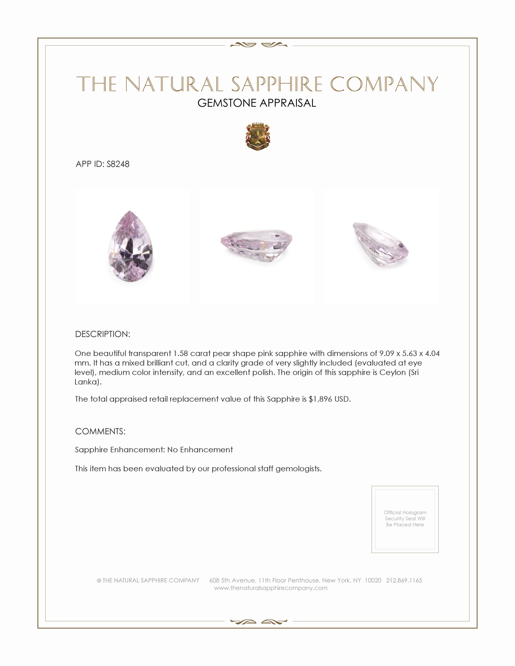 1.58 Ct. Pink Sapphire from Ceylon (Sri Lanka)