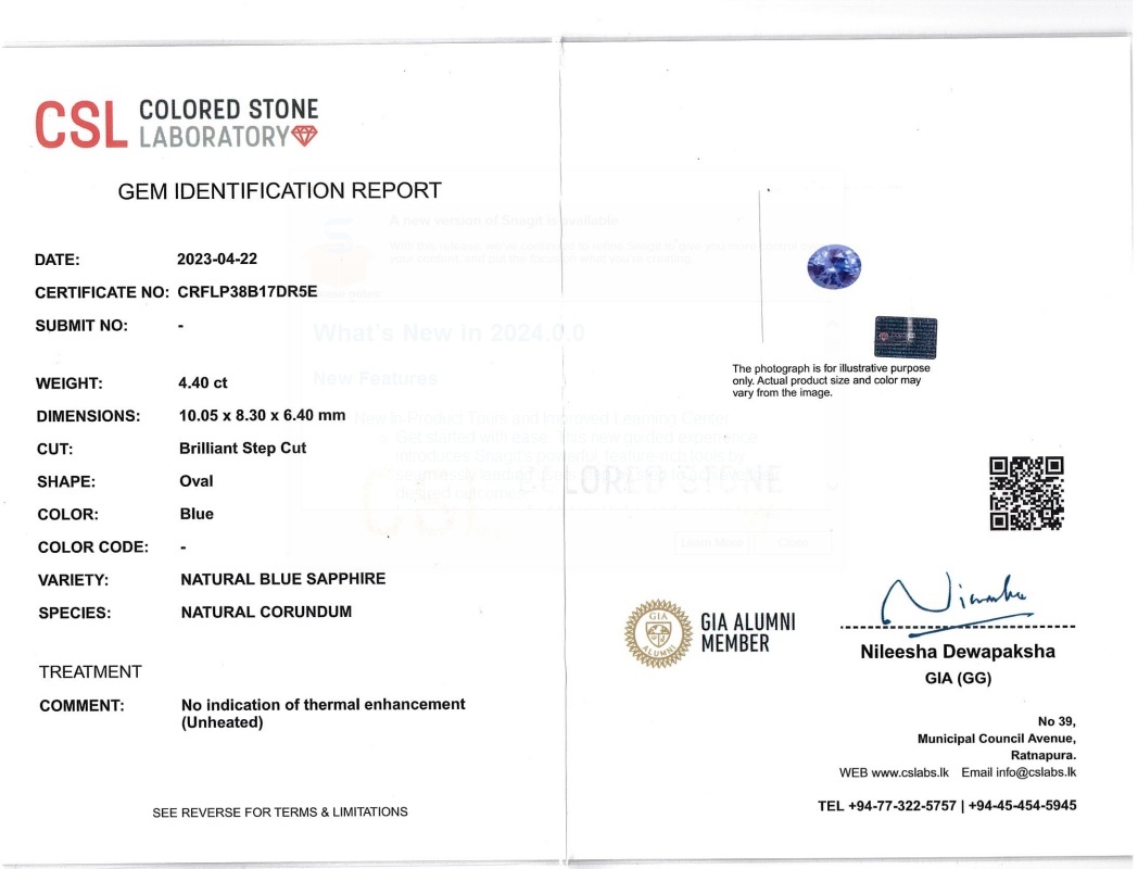 4.40 Ct. Blue Sapphire from Ceylon (Sri Lanka)