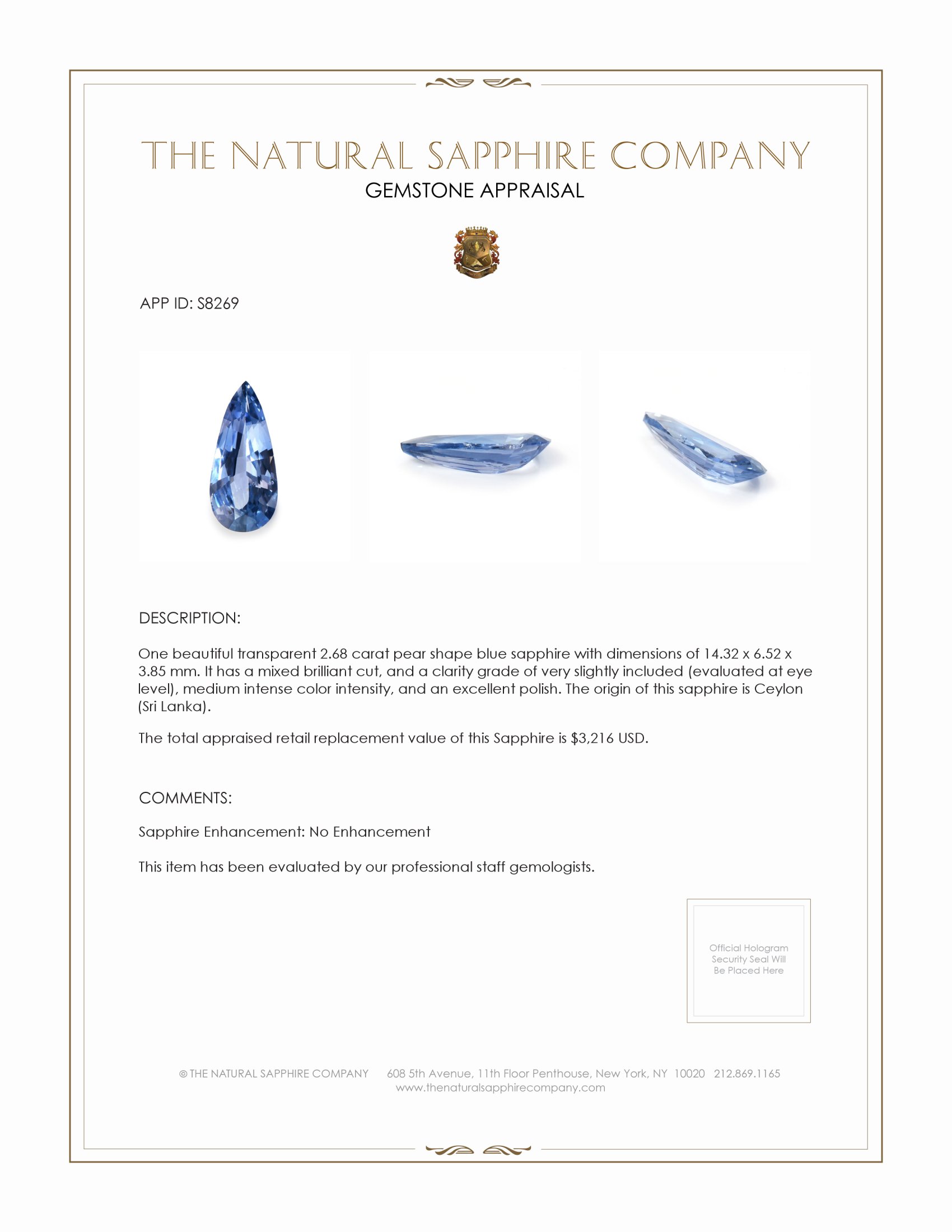 2.68 Ct. Blue Sapphire from Ceylon (Sri Lanka)