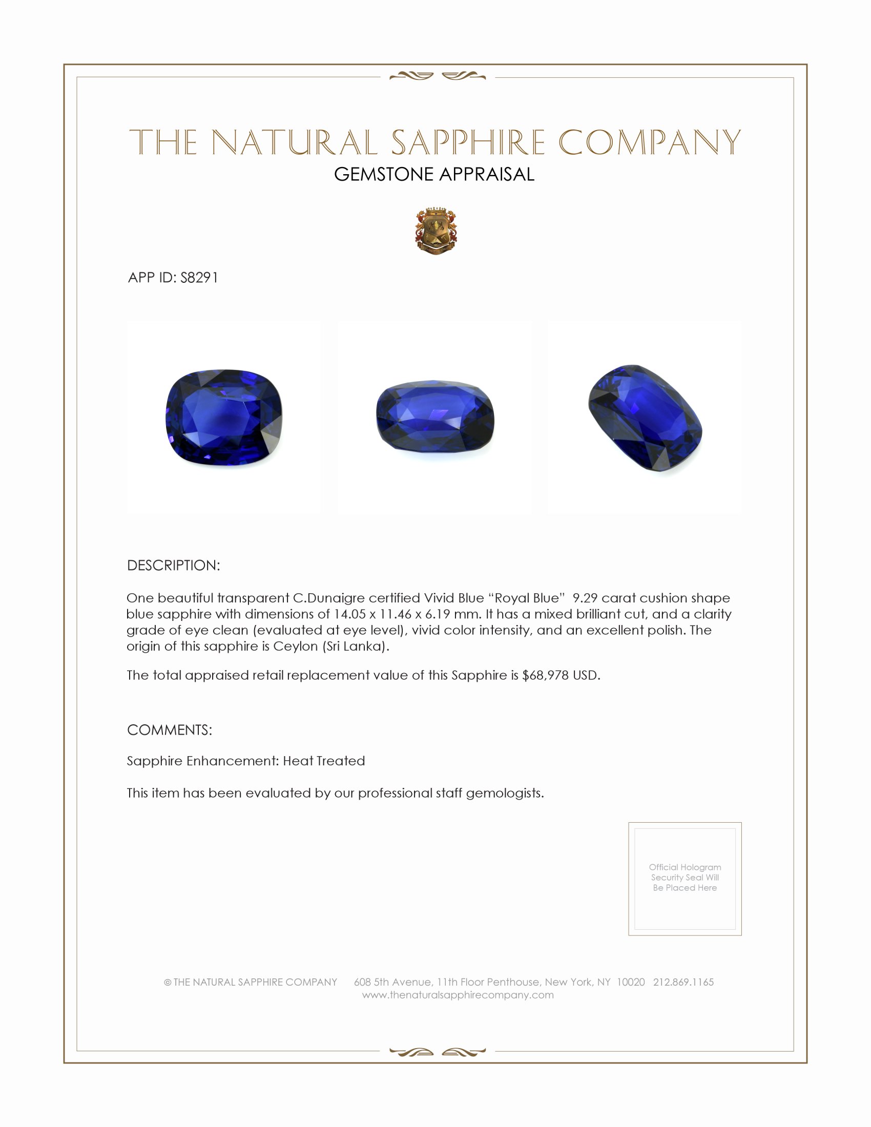 9.29 Ct. Blue Sapphire from Ceylon (Sri Lanka)