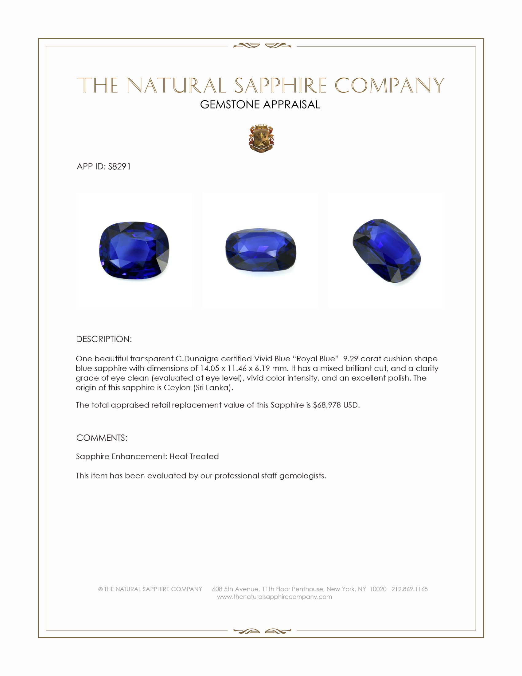 9.29 Ct. Blue Sapphire from Ceylon (Sri Lanka)
