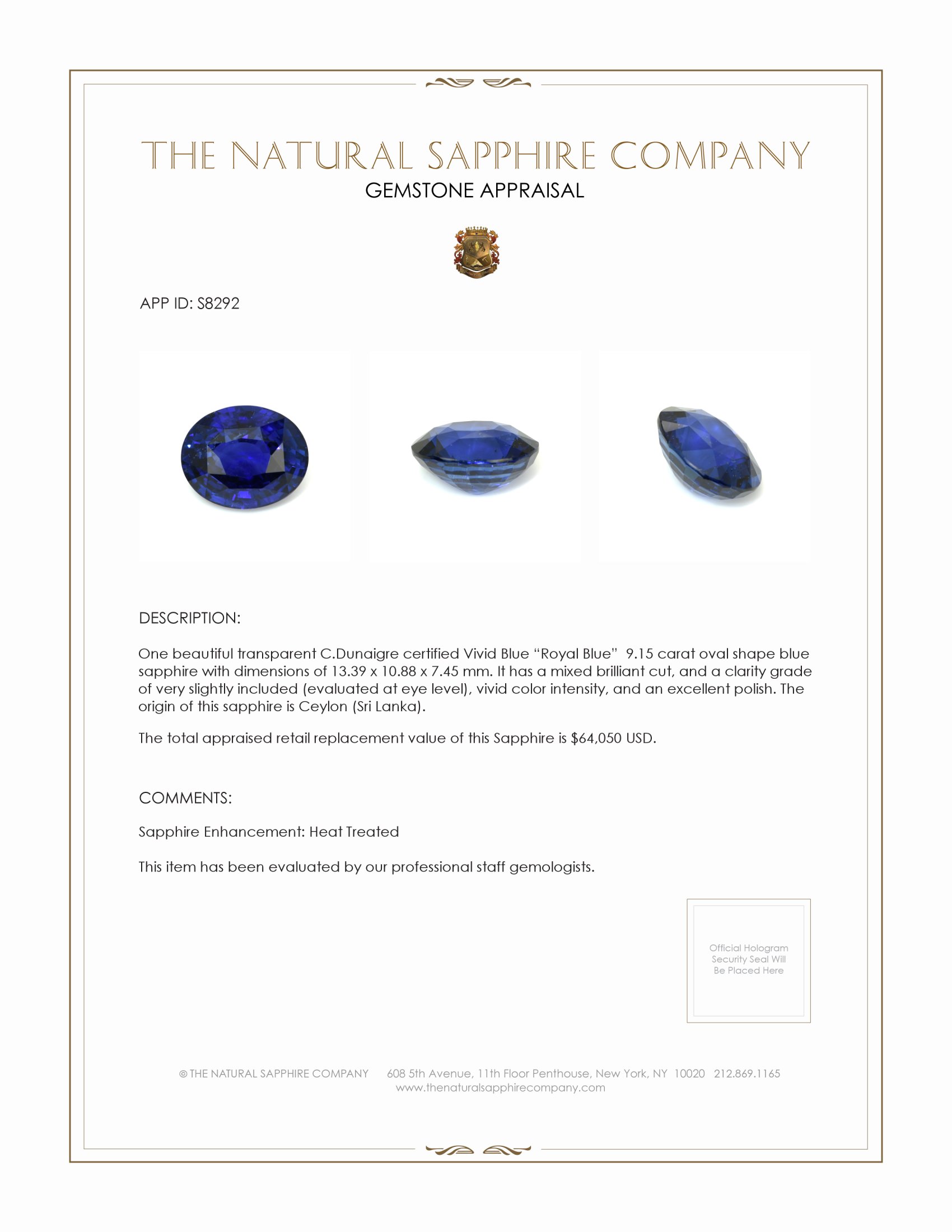 9.15 Ct. Blue Sapphire from Ceylon (Sri Lanka)