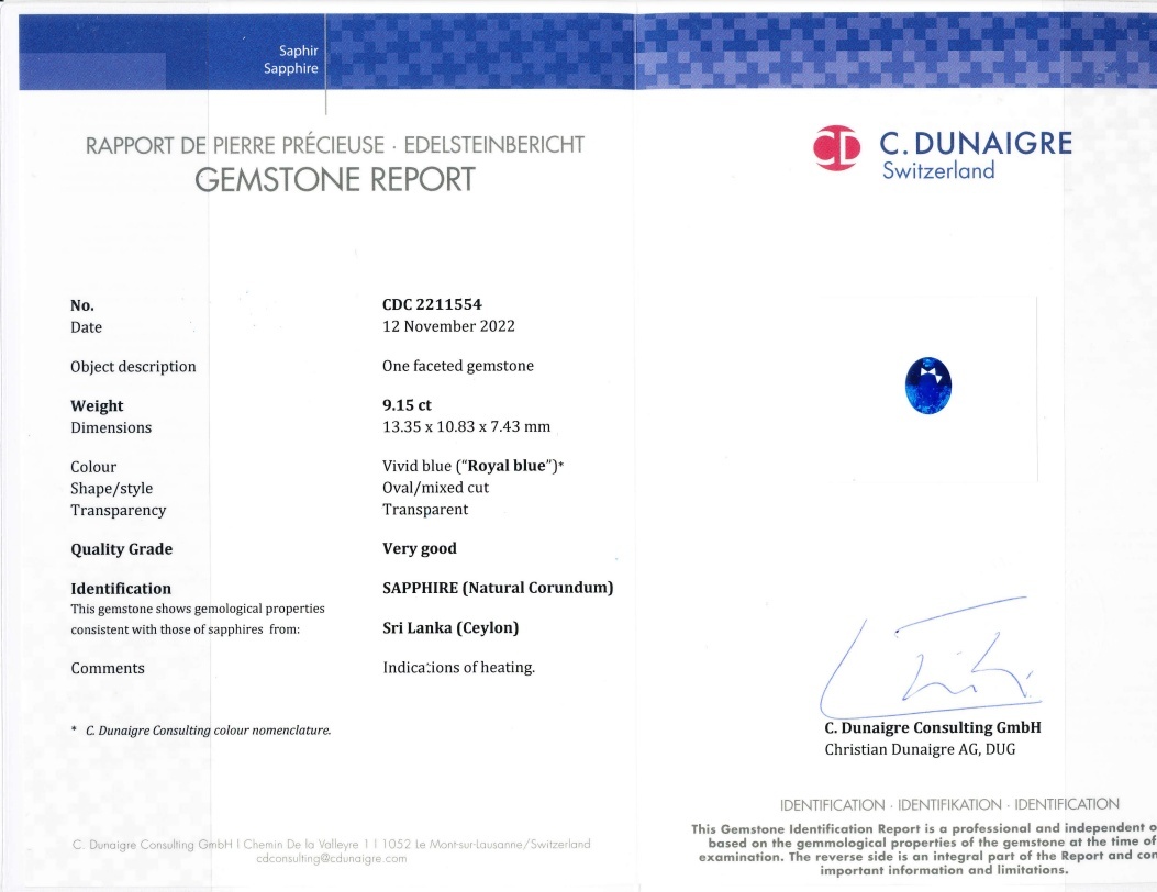 9.15 Ct. Blue Sapphire from Ceylon (Sri Lanka)