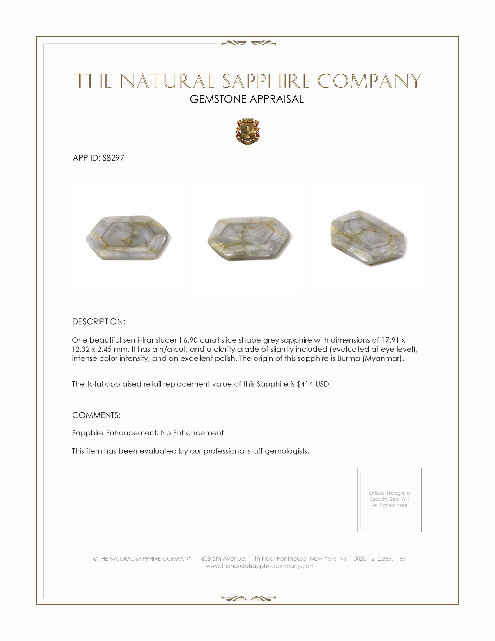 6.90 Ct. Grey Sapphire from Burma (Myanmar)