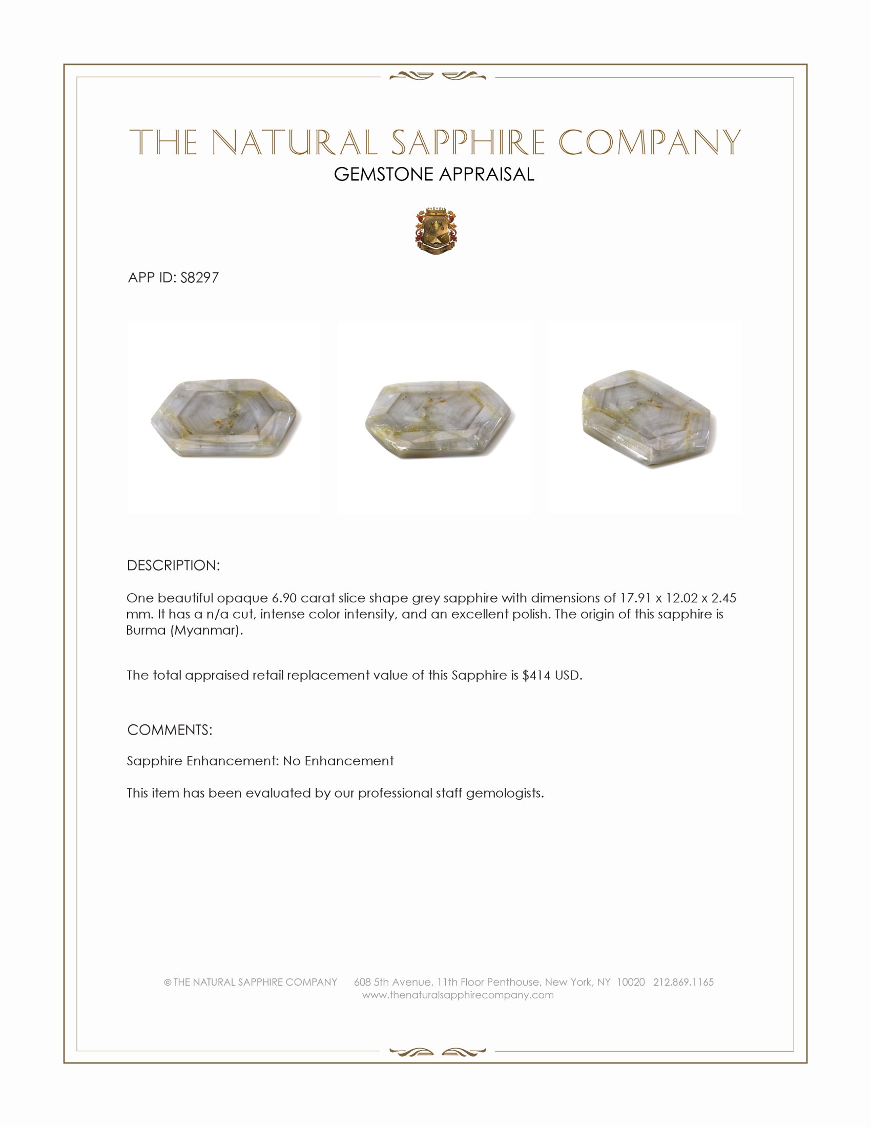 6.90 Ct. Grey Sapphire from Burma (Myanmar)