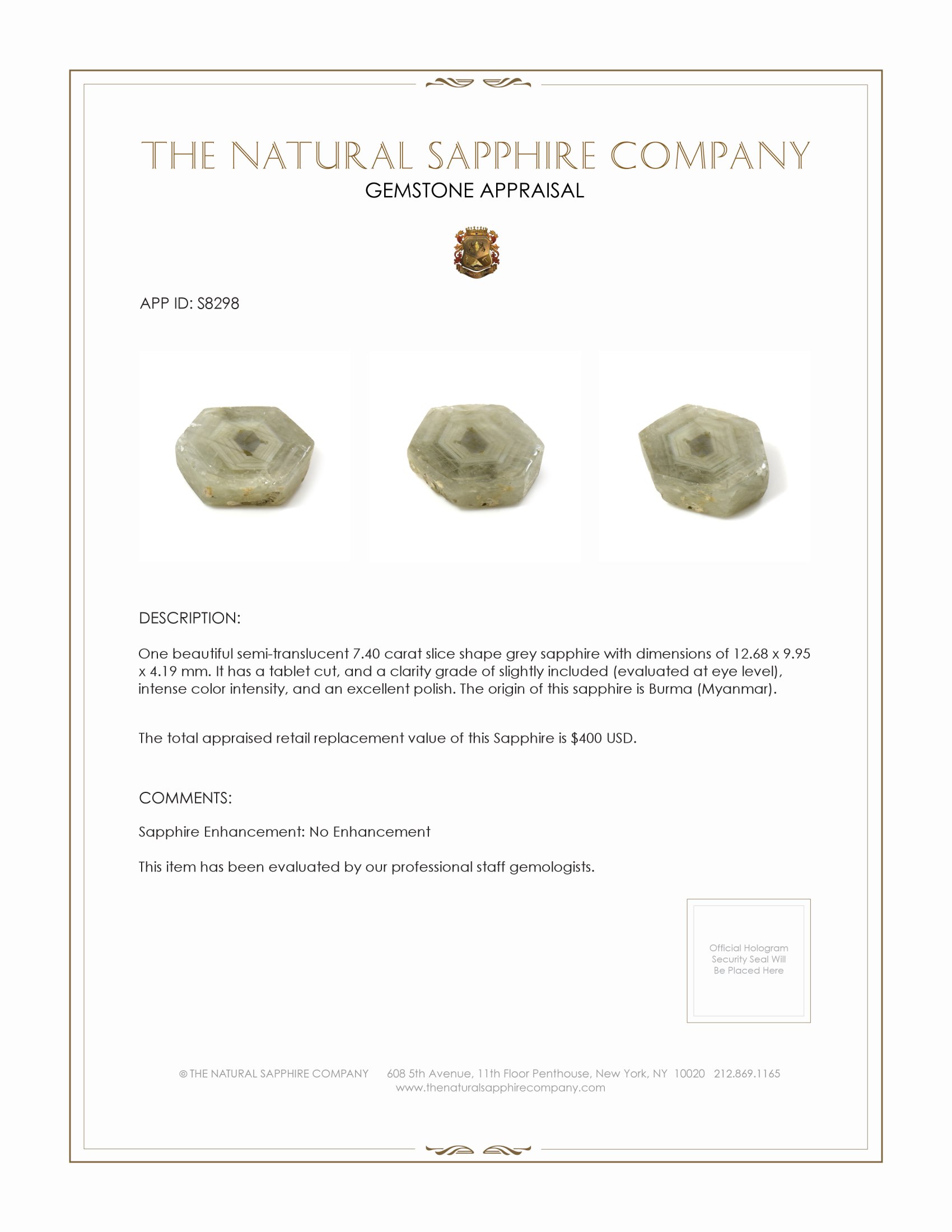 7.40 Ct. Grey Sapphire from Burma (Myanmar)