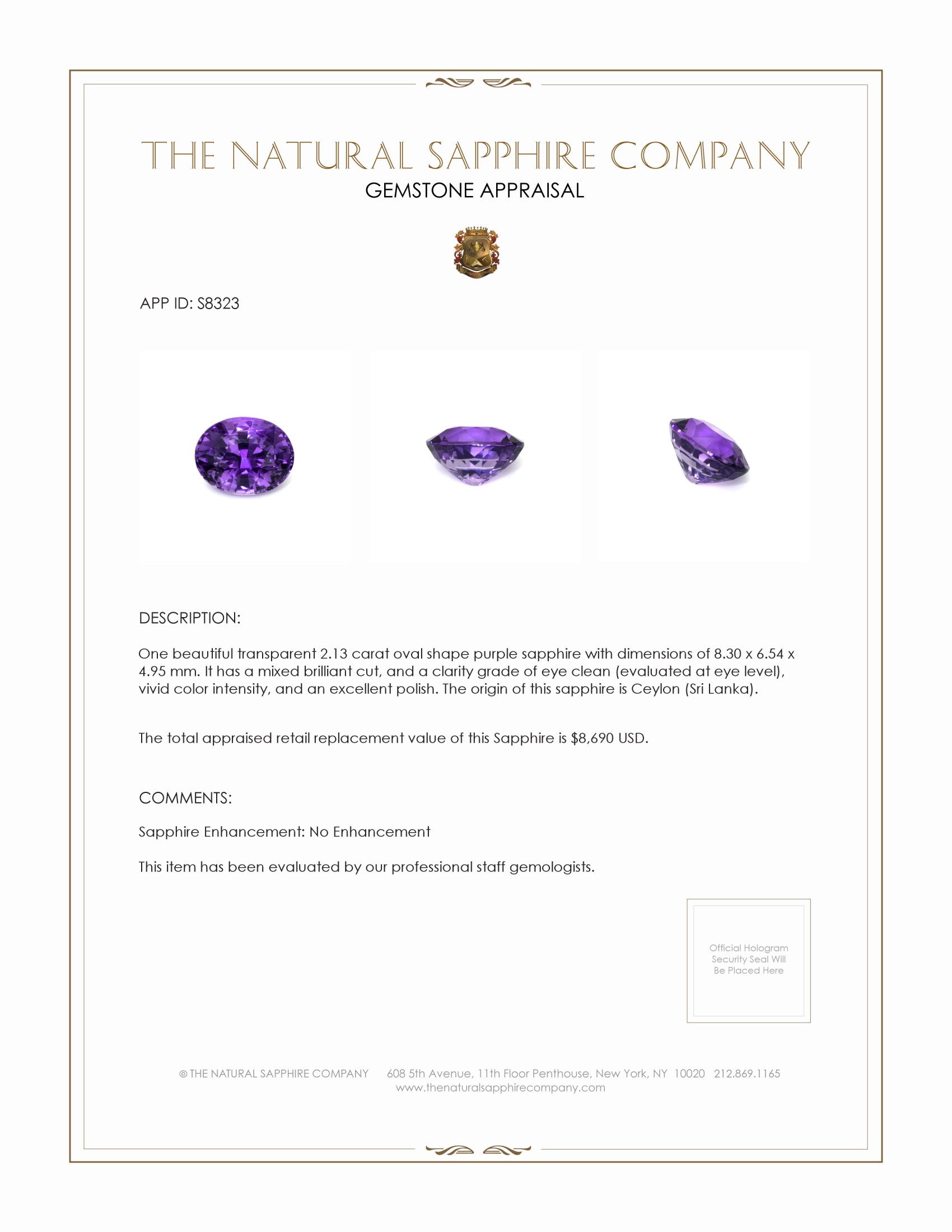 2.13 Ct. Purple Sapphire from Ceylon (Sri Lanka)