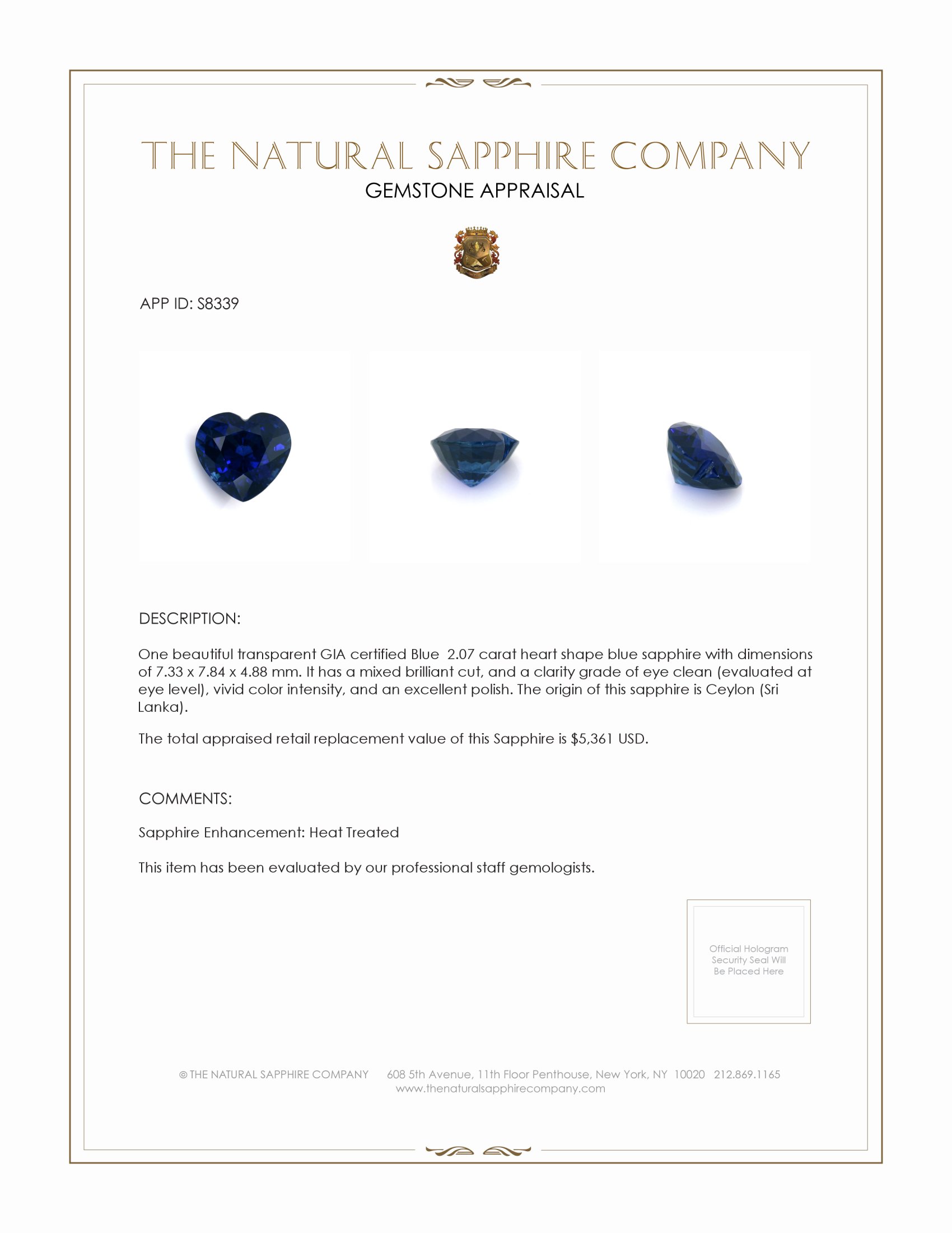 2.07 Ct. Blue Sapphire from Ceylon (Sri Lanka)