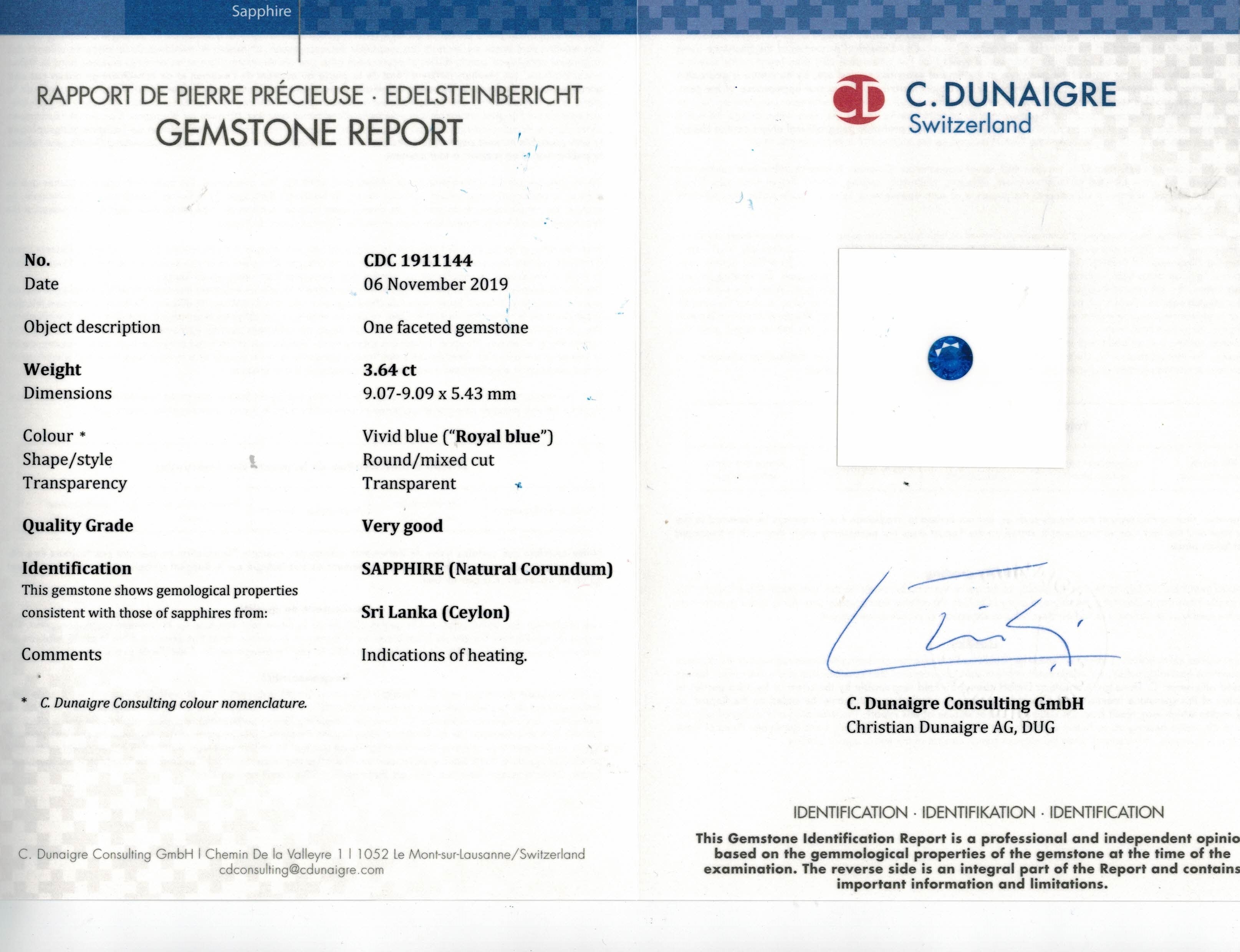 3.64 Ct. Blue Sapphire from Ceylon (Sri Lanka)