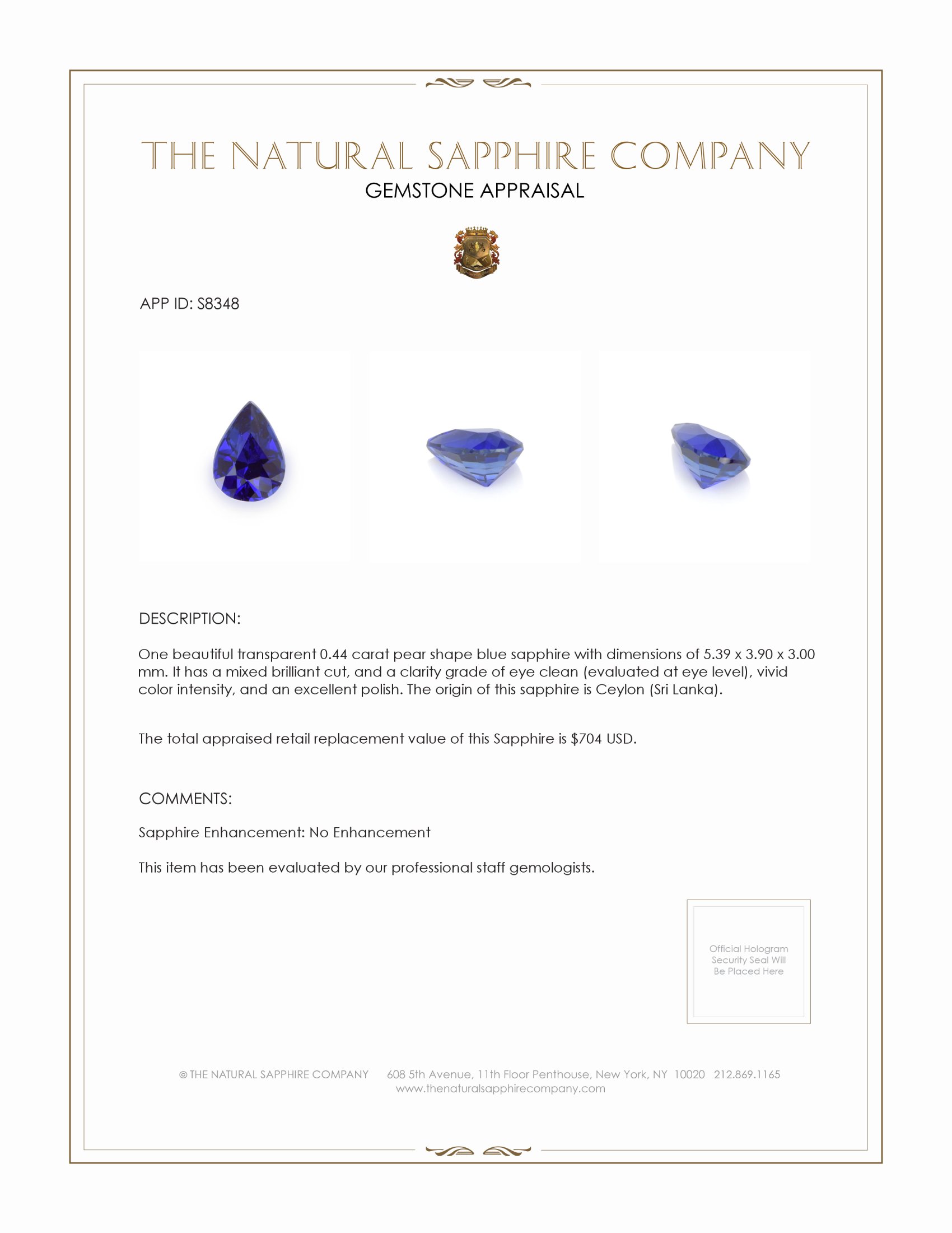 0.44 Ct. Blue Sapphire from Ceylon (Sri Lanka)