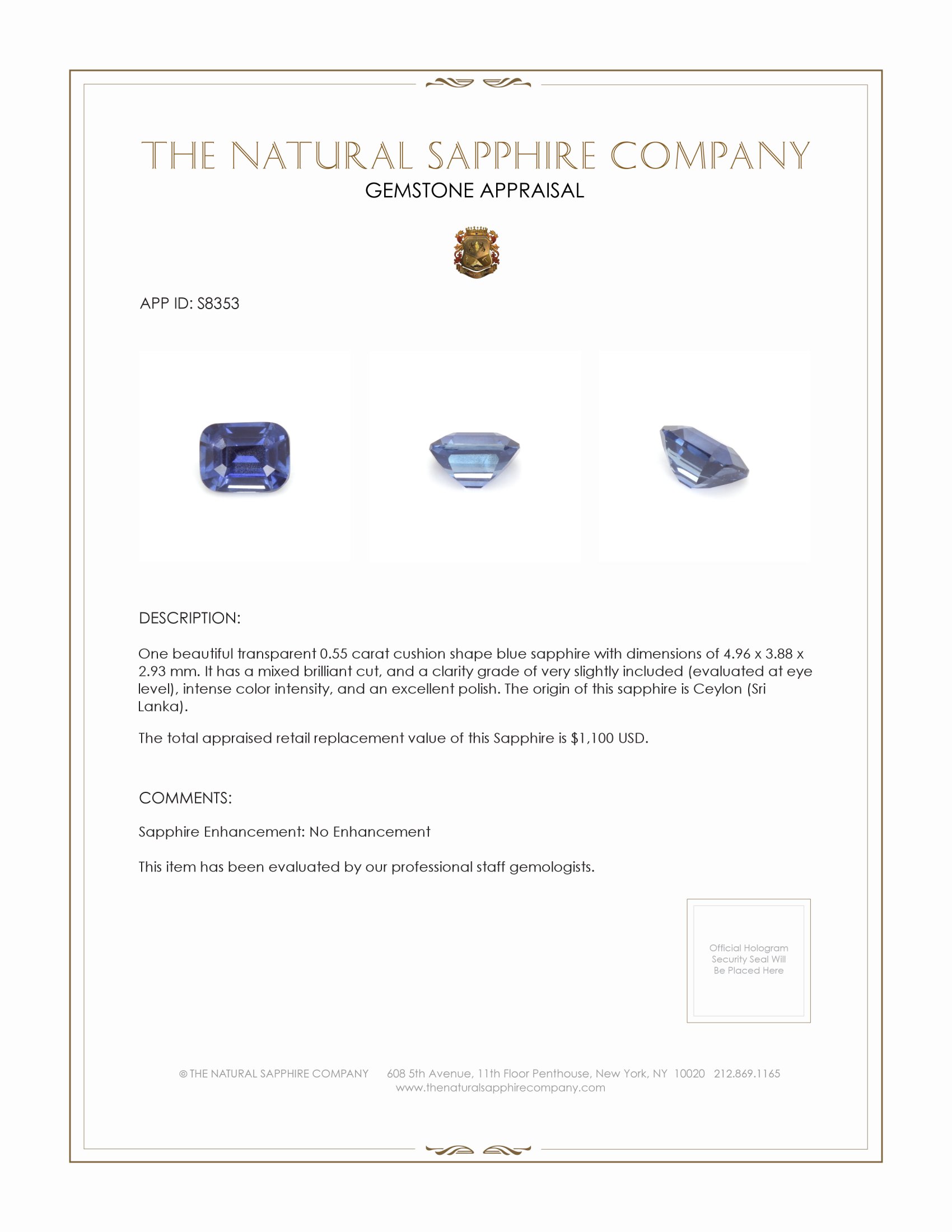 0.55 Ct. Blue Sapphire from Ceylon (Sri Lanka)
