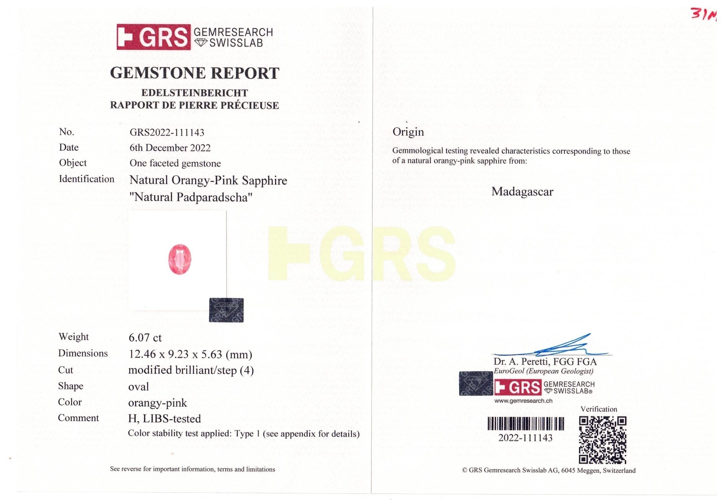 6.07 Ct. Padparadscha Sapphire from Madagascar