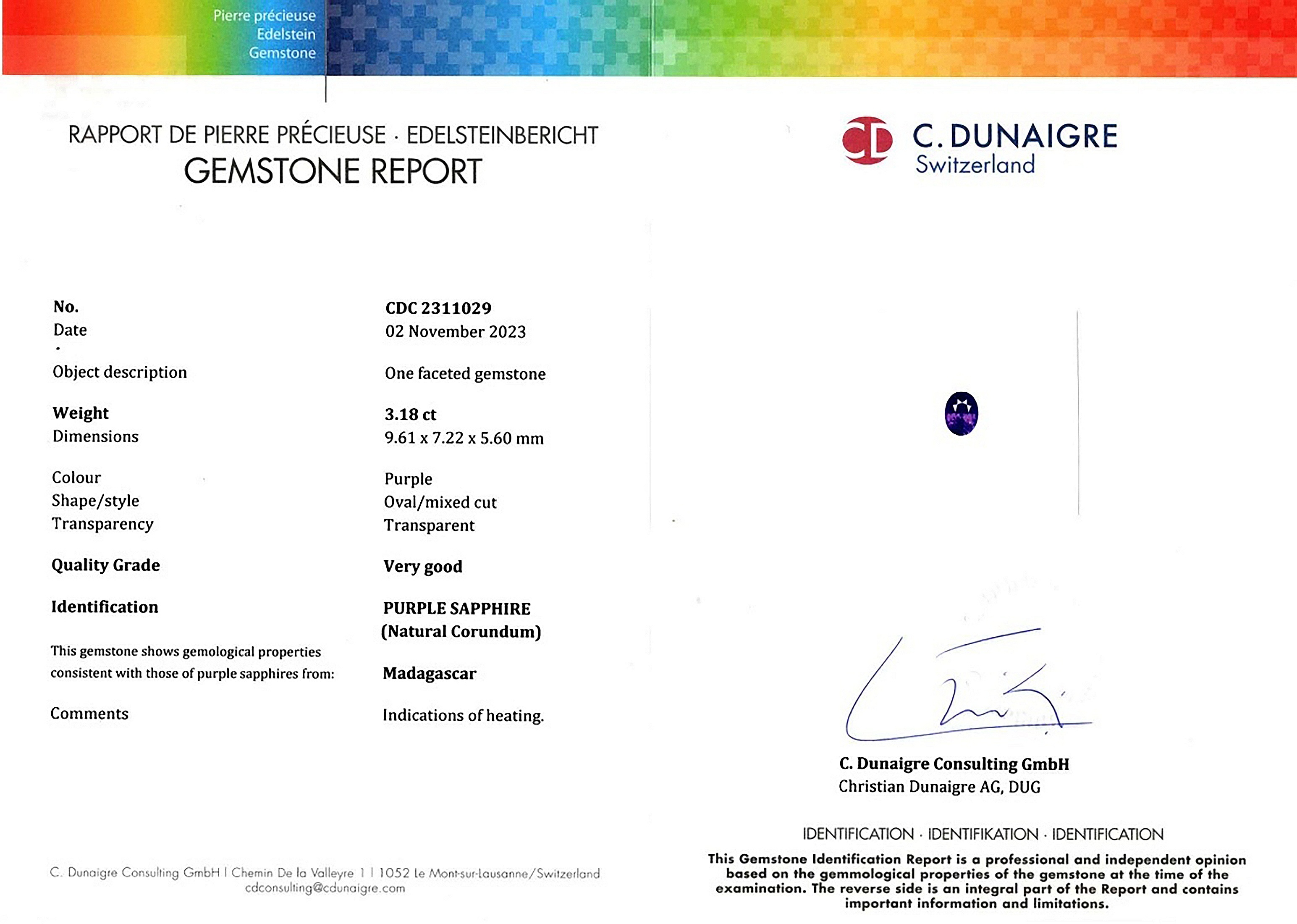 3.18 Ct. Purple Sapphire from Madagascar