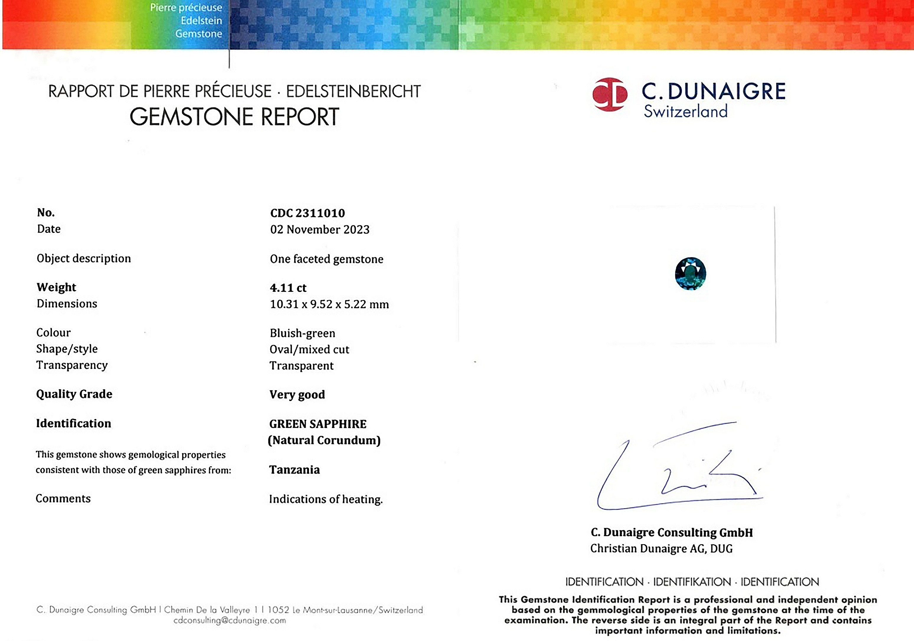 4.11 Ct. Bluish Green Sapphire from Tanzania