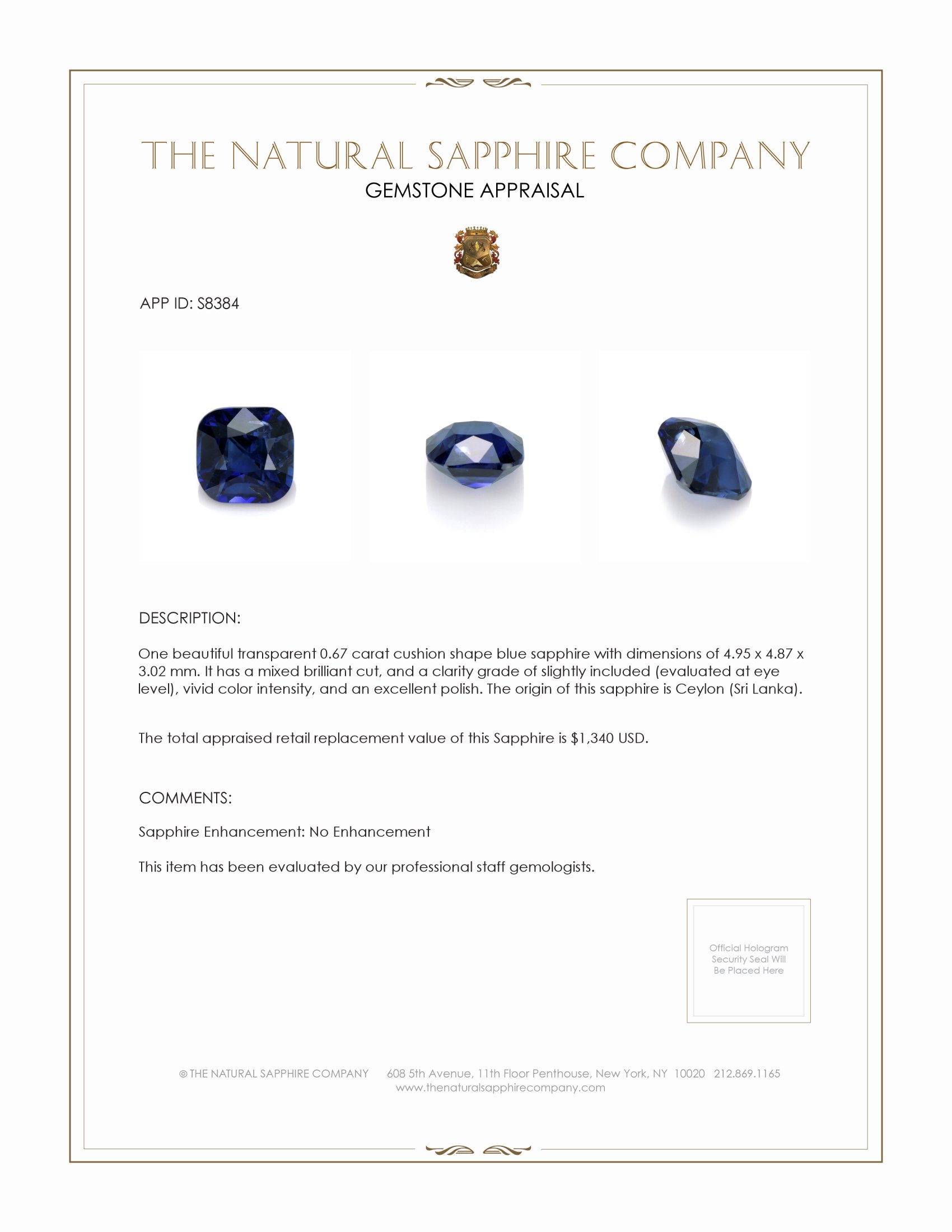 0.67 Ct. Blue Sapphire from Ceylon (Sri Lanka)