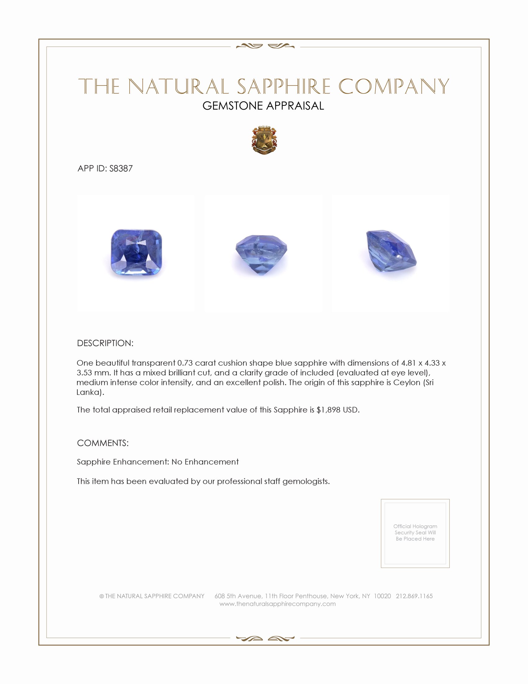 0.73 Ct. Blue Sapphire from Ceylon (Sri Lanka)