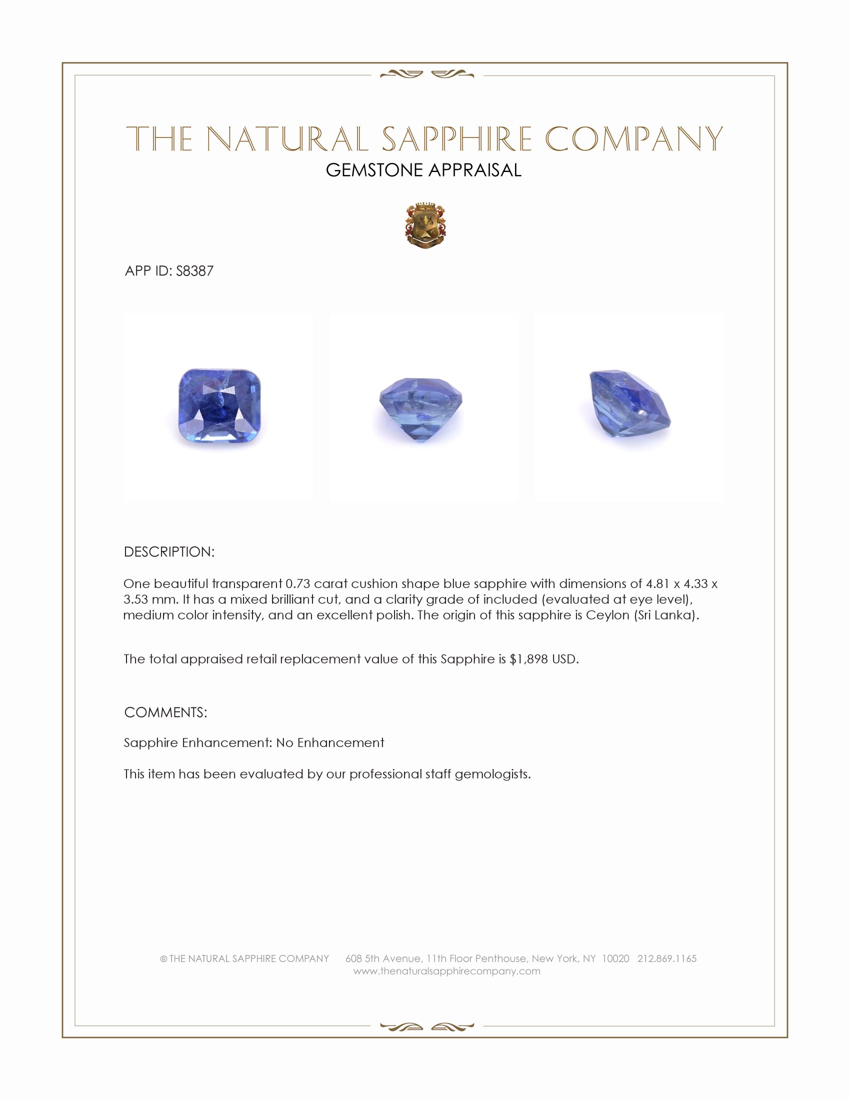 0.73 Ct. Blue Sapphire from Ceylon (Sri Lanka)
