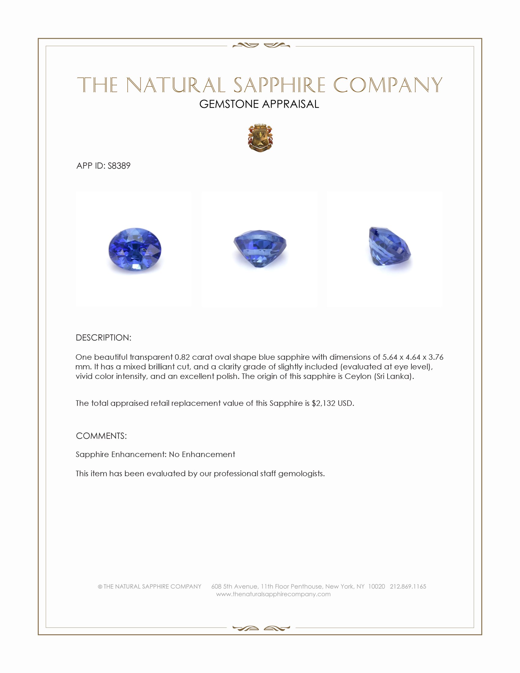 0.82 Ct. Blue Sapphire from Ceylon (Sri Lanka)